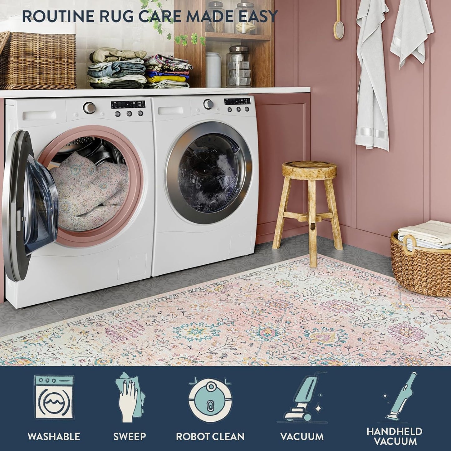 Lahome Pink Boho Area Rug for Nursery, 5x7 Washable Pink Rugs for Bedroom Girls Kids Room Living Room, Floral Pastel Carpet Non Slip for Classroom Playroom Dorm