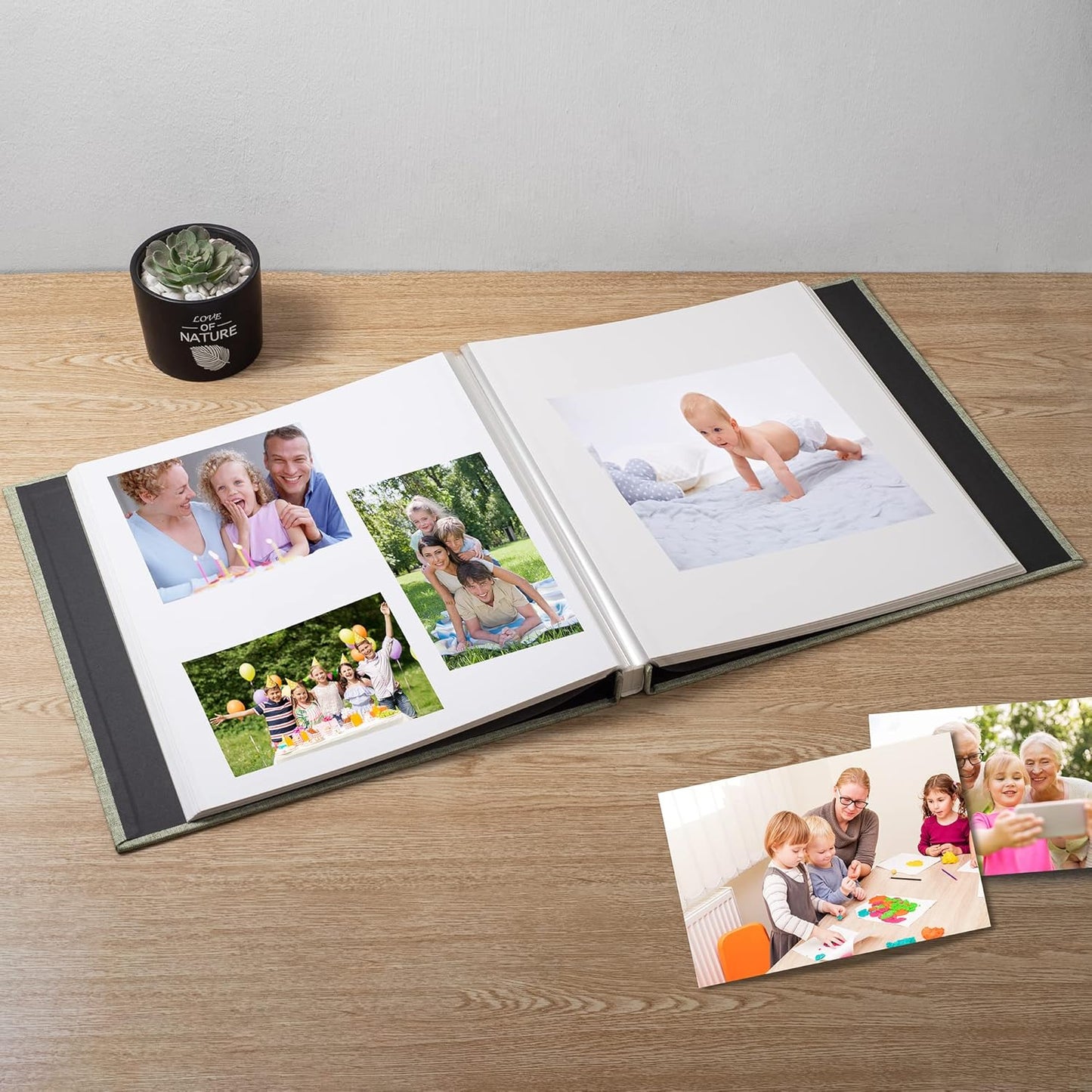 Large Photo Album Self Adhesive Scrapbook Album for 4×6 8×10 Pictures DIY Magnetic Linen Cover Album 60 Pages for Family Wedding Gifts with Metal Pen and Plastic Board