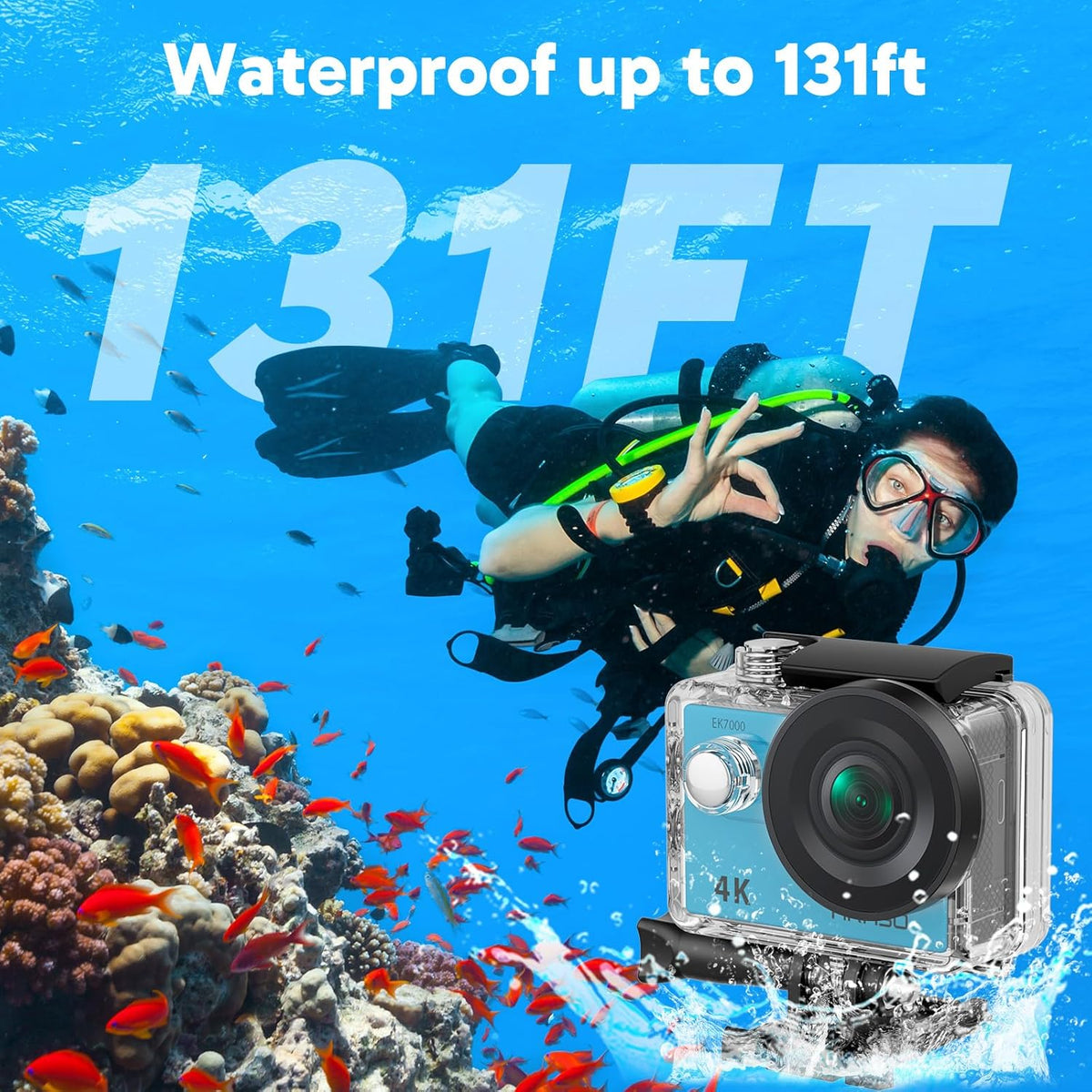 AKASO EK7000 4K30FPS 20MP WiFi Action Camera with EIS Ultra HD 131FT Waterproof Underwater Camera Remote Control 4X Zoom Support External Microphone