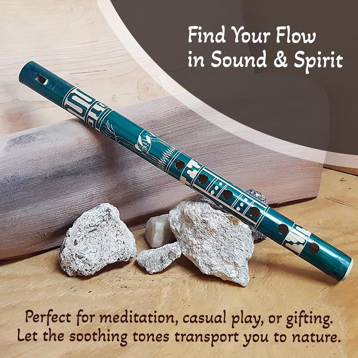 Mia Jewel Shop - Handmade Colored Bamboo Wooden Flute | Tribal Nature Pattern | Native Recorder for Beginners, Meditation & Music Lovers (Teal)