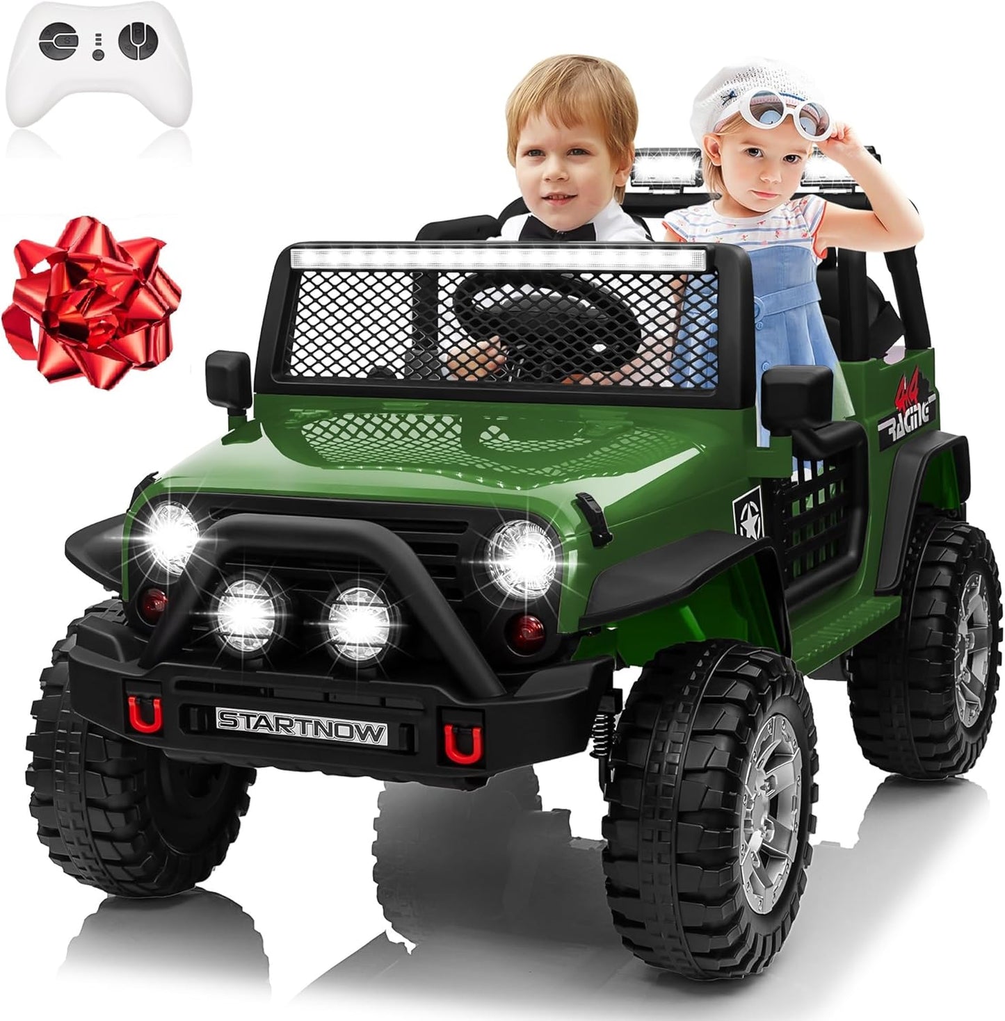24V 4WD Ride on Truck Car w/800W Motors, Gift Flower, Remote Control, 2 Seaters, Light Bar, 3 Speeds, Pop Music, Power Four Wheels, 24 Volt Ride on Toy Car for Big Kids, Green