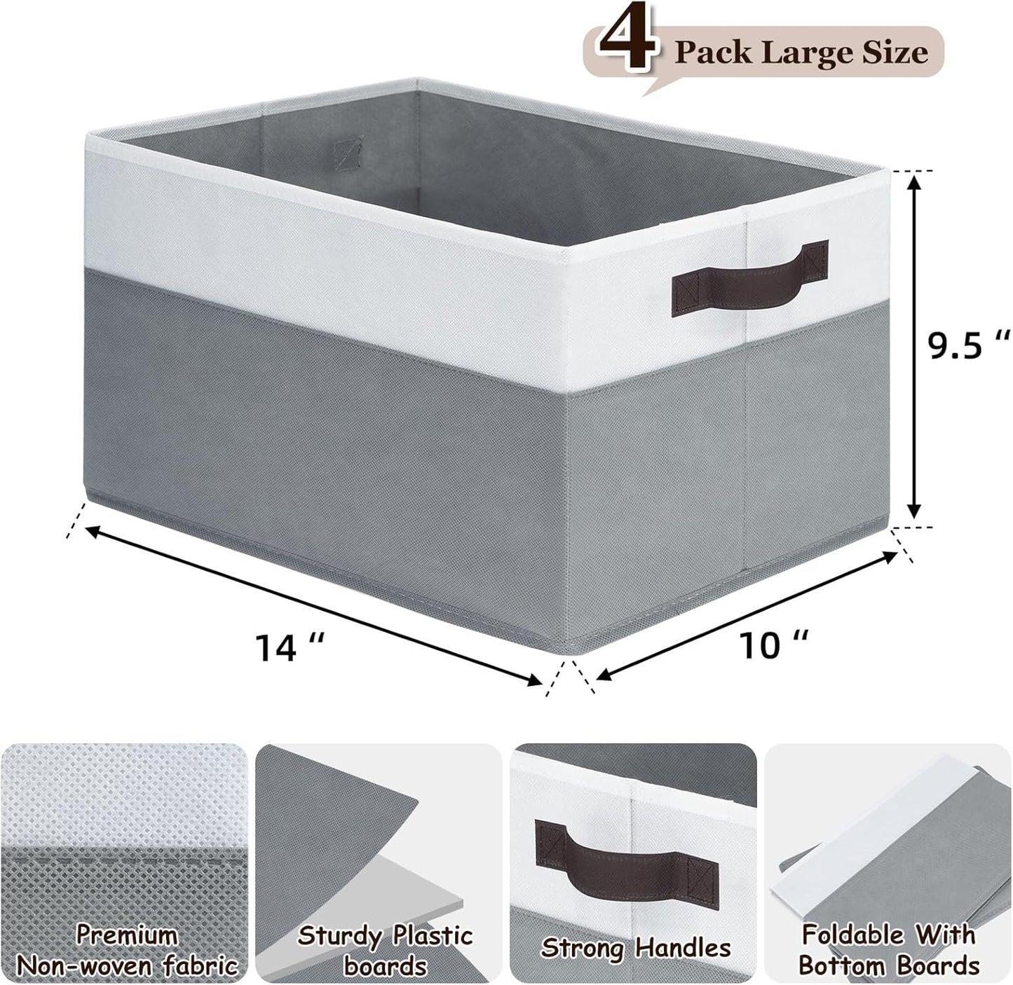 Criusia 4 Pack Large Storage Baskets for Shelves | Fabric Closet Organizers and Storage Bins with Handles Home Organization | Decorative Collapsible Baskets for Organizing Clothes Toy Nursery 14"x10"