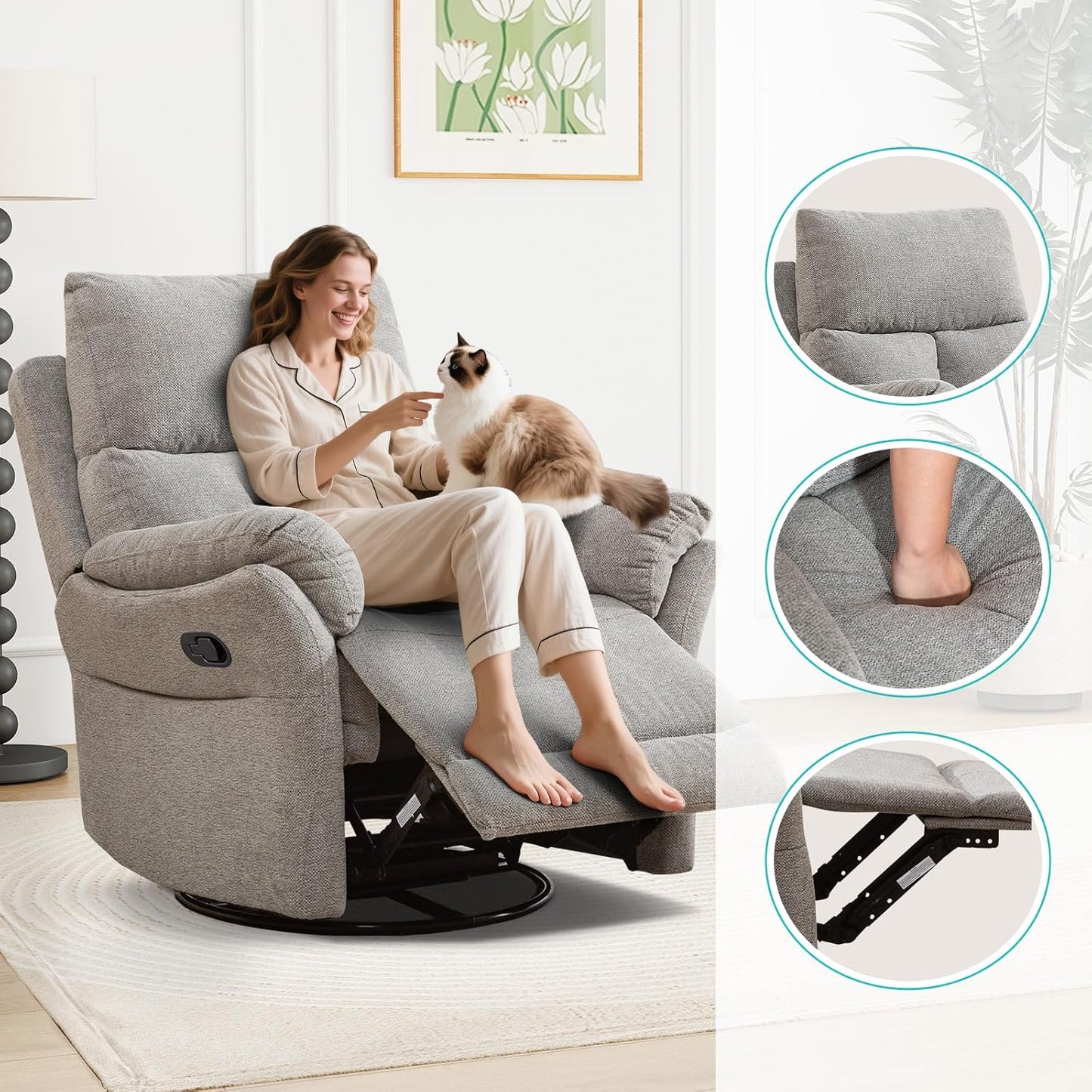 ANJ Manual Fabric Recliner Chair Set of 2, Swivel Rocker Glider, Silver