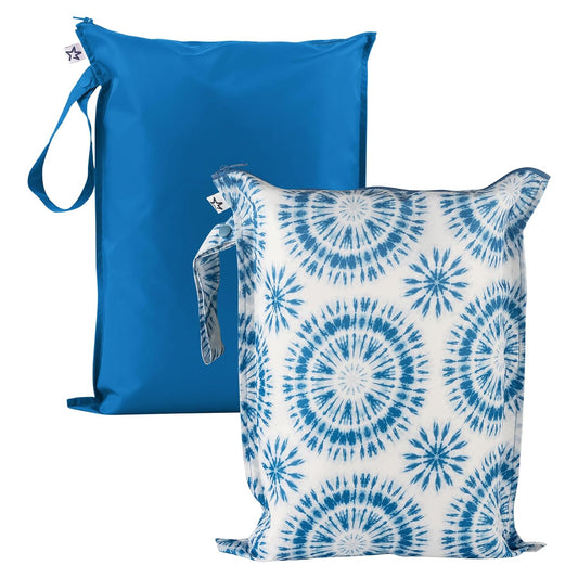 Tiny Twinkle Mess-Proof Waterproof Wet Dry Bag | 2-Pack Reusable Wet Bags for Swimsuits & Baby Clothes | Leakproof Wet Bag for Travel & Diaper Changes for Baby (Blue Tie Dye)
