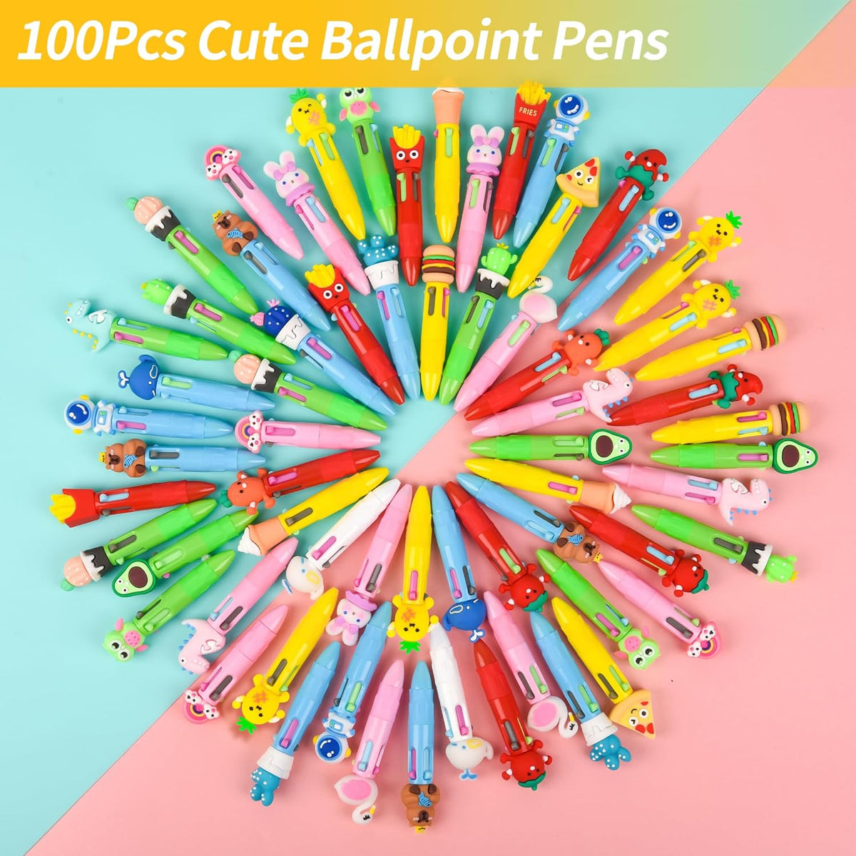 LiYiQ 100 PCS Multicolor Pen in One Fun 4-in-1 Cute Pens Bulk Kawaii Cool Ballpoint Pens for Kids Fun Gifts