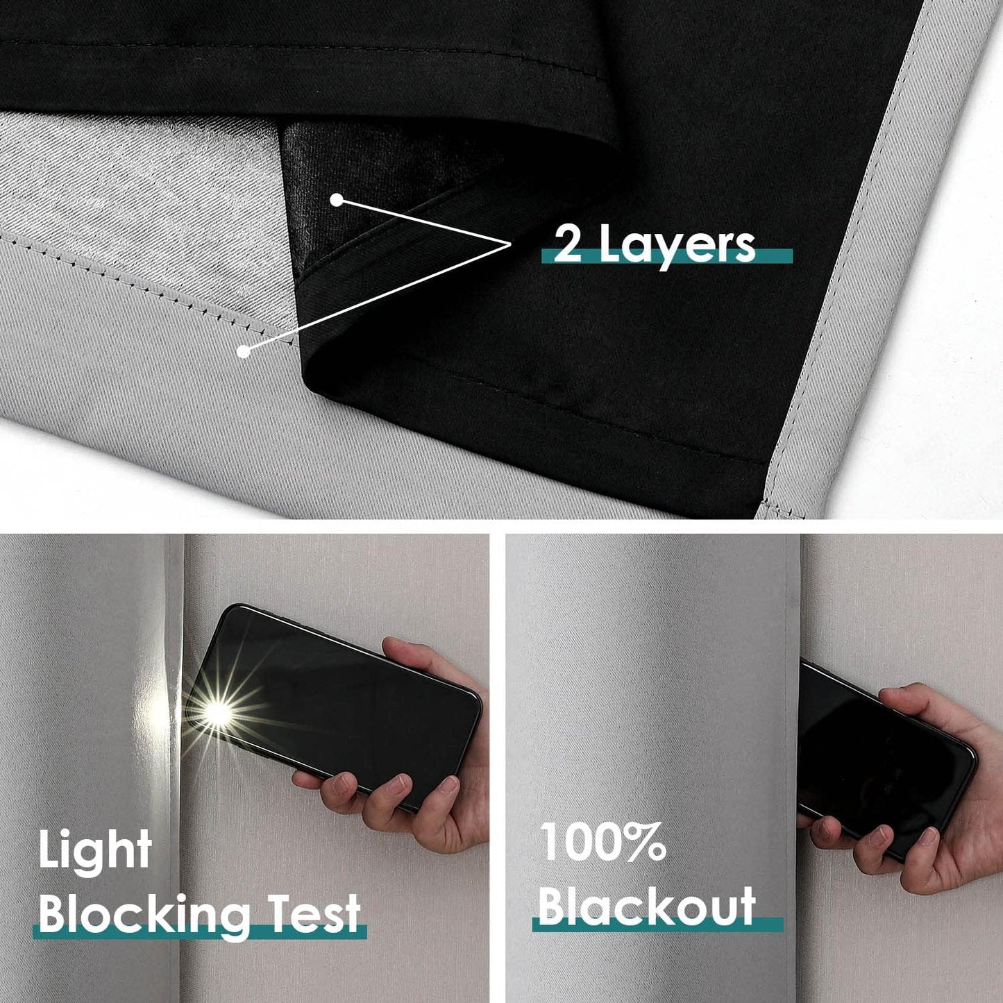ChrisDowa 100% Blackout Curtains for Bedroom with Black Liner, 2 Thick Layers Total Blackout Thermal Insulated Grommet Window Curtains 72 Inch Length 2 Panels Set (Light Grey, 52 x 72 Inch)