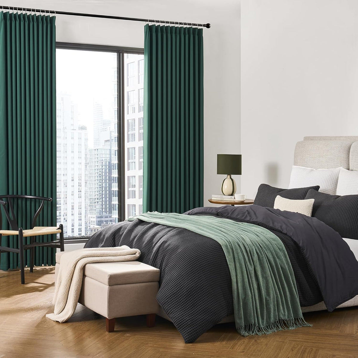 KEQIAOSUOCAI 90 Inch Dark Hunter Green Blackout Curtains for Living Room Pinch Pleated with Hooks - Room Darkening Thermal Insulated Christmas Green Track Curtain 40 x 90 Inches Long-2 Panels Set