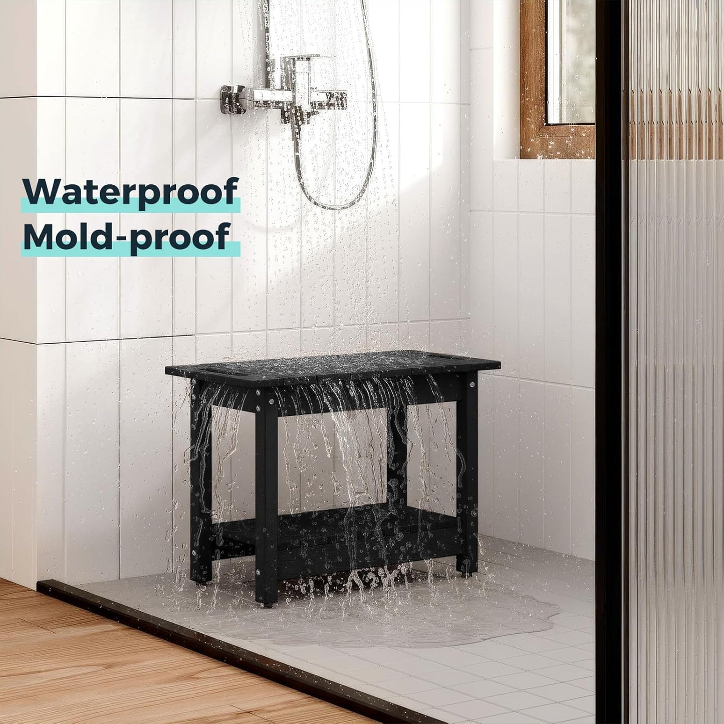 Waterproof Shower Bench, 24" Poly Lumber Shower Stool for Shaving Legs, Shower Chair Seat with Storage Shelf and Handles, Bathroom Bench for Inside Shower, Non-Slip (Black)