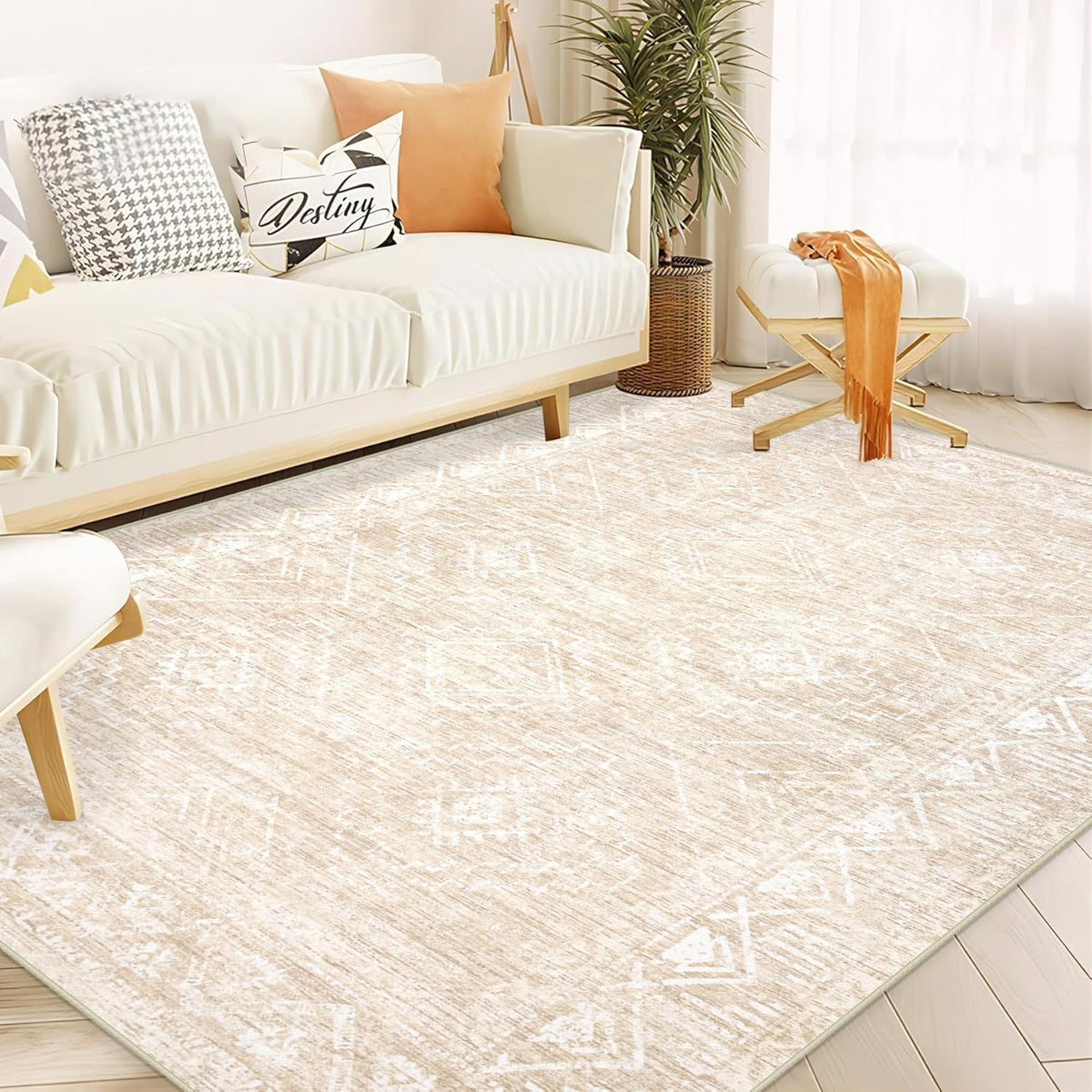 Moroccan Large Area Rug 6x9 - Soft Machine Washable Geometric Boho Distressed Farmhouse Rug Morden Stain Resistant Indoor Floor Carpet for Bedroom Dining Table Nursery Home Office (6 x 9, Beige)