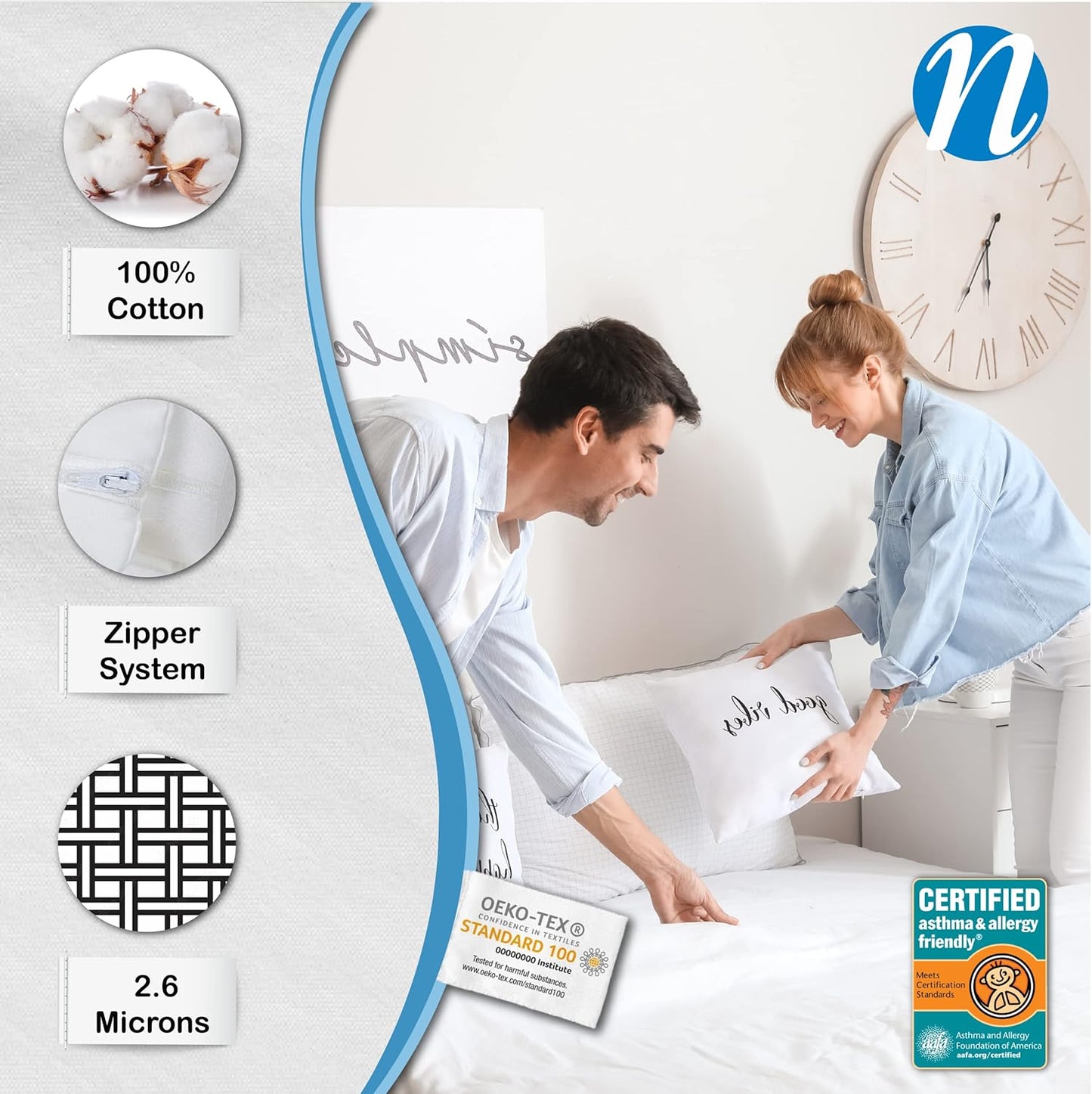 National Allergy Superior 100% Cotton King Mattress Protector Zippered - 78" x 80" x 15" - Hypoallergenic Bed Encasement - Breathable Dust Proof Cover - AAFA & Oeko-TEX Standard 100 Certified