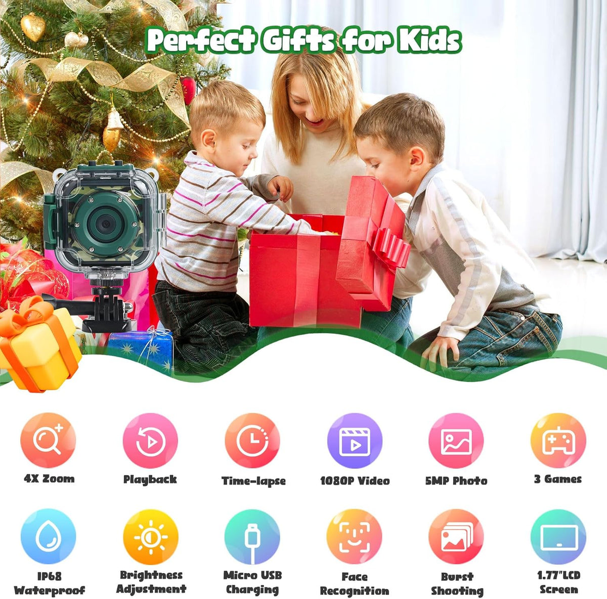 PROGRACE Kids Waterproof Camera for Boy Toys-Underwater Video Camera for Kids 1080P HD Camcorder Toy Gift Boys 3 4 5 6 7 8 9 10 11 12 Year Old Vlogging YouTube Children Digital Cameras Build-in Games