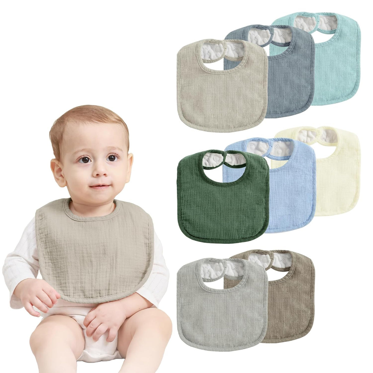 JELLYMONI 8 Pack Muslin Drool Bibs for Babies - Soft Adjustable Bandana Bib with Snaps, Absorbent Unisex Teething Bib for Newborn Girls & Boys