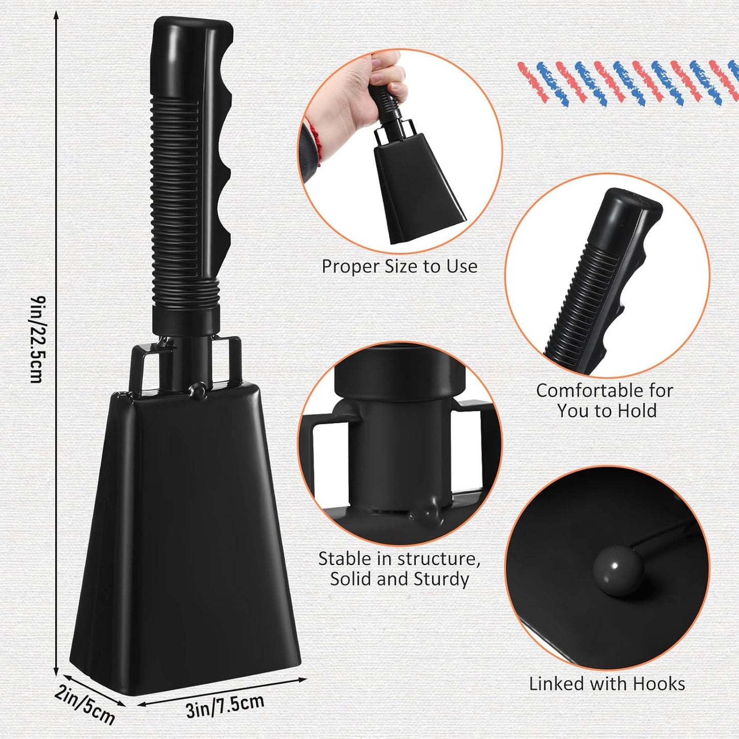 24 Pcs Cow Bell Cheering Bell Cow Bells Noise Makers for Sporting Events Football Cowbell with Handle Loud Musical Instrument for Sports School Classroom Alarm(black,9 '')