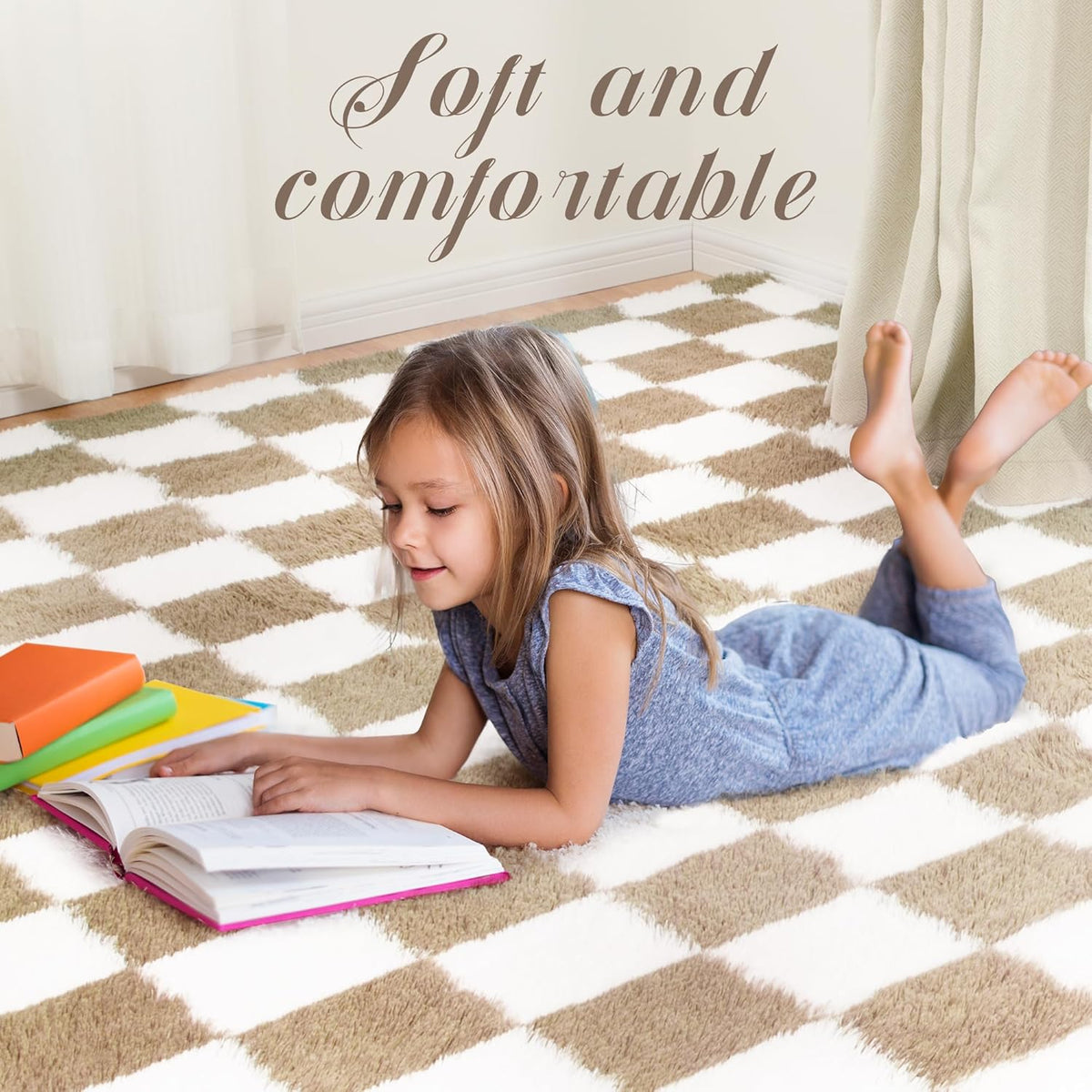 Super Soft Rug for Bedroom, 5x7 Ft Beige and White Area Rug Classic Checkered Shaggy Anti-Skid High Pile Soft Fluffy Rug Fuzzy Carpet for Living Room Bedroom Kids Room Nursery, Dorm Home Decor