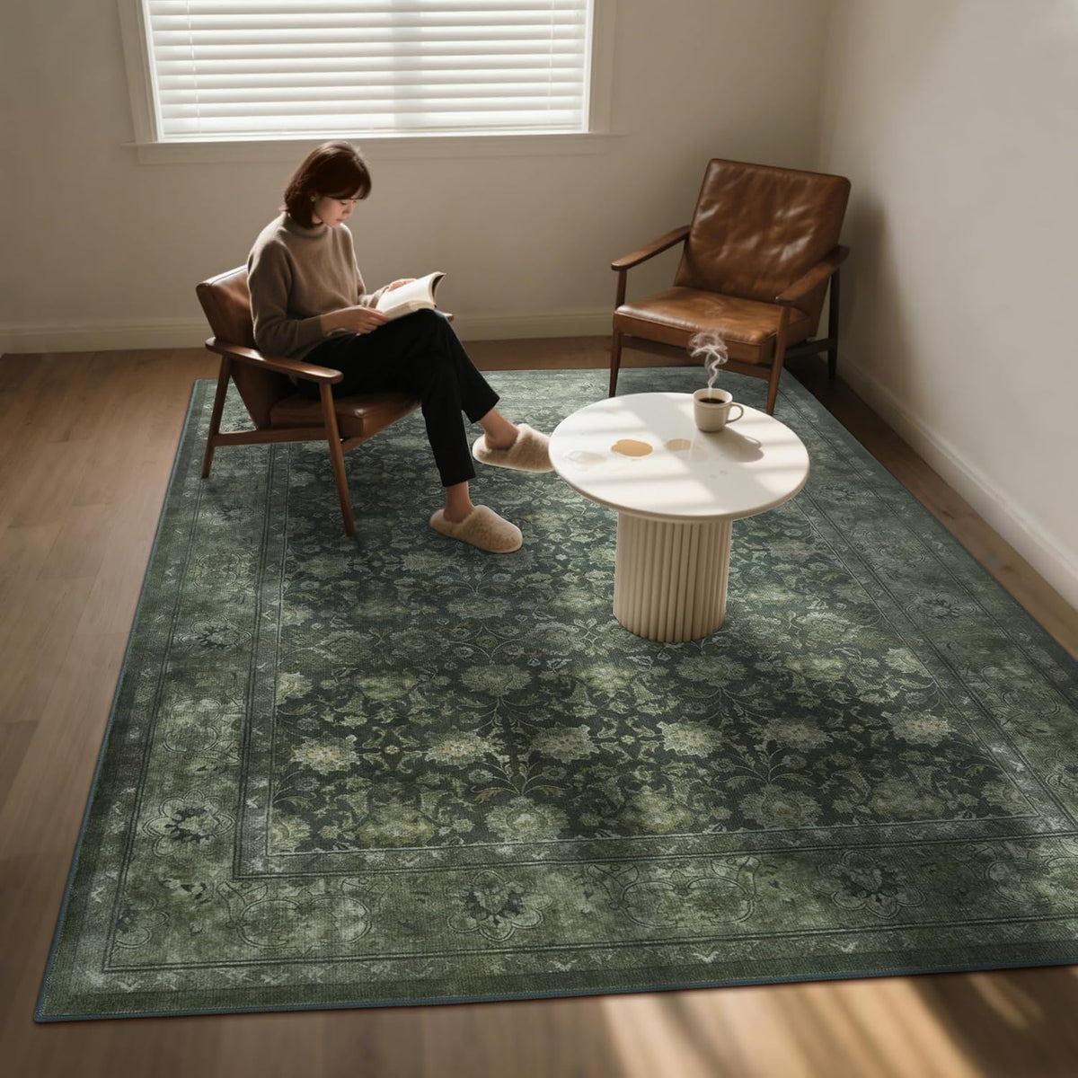 Large 8x10 Washable Area Rug for Living Room, Non Slip Vintage Traditional Rugs for Bedroom, Indoor Thin Accent Floral Nursery Carpet for Dining Room, Farmhouse (Distressed Green)