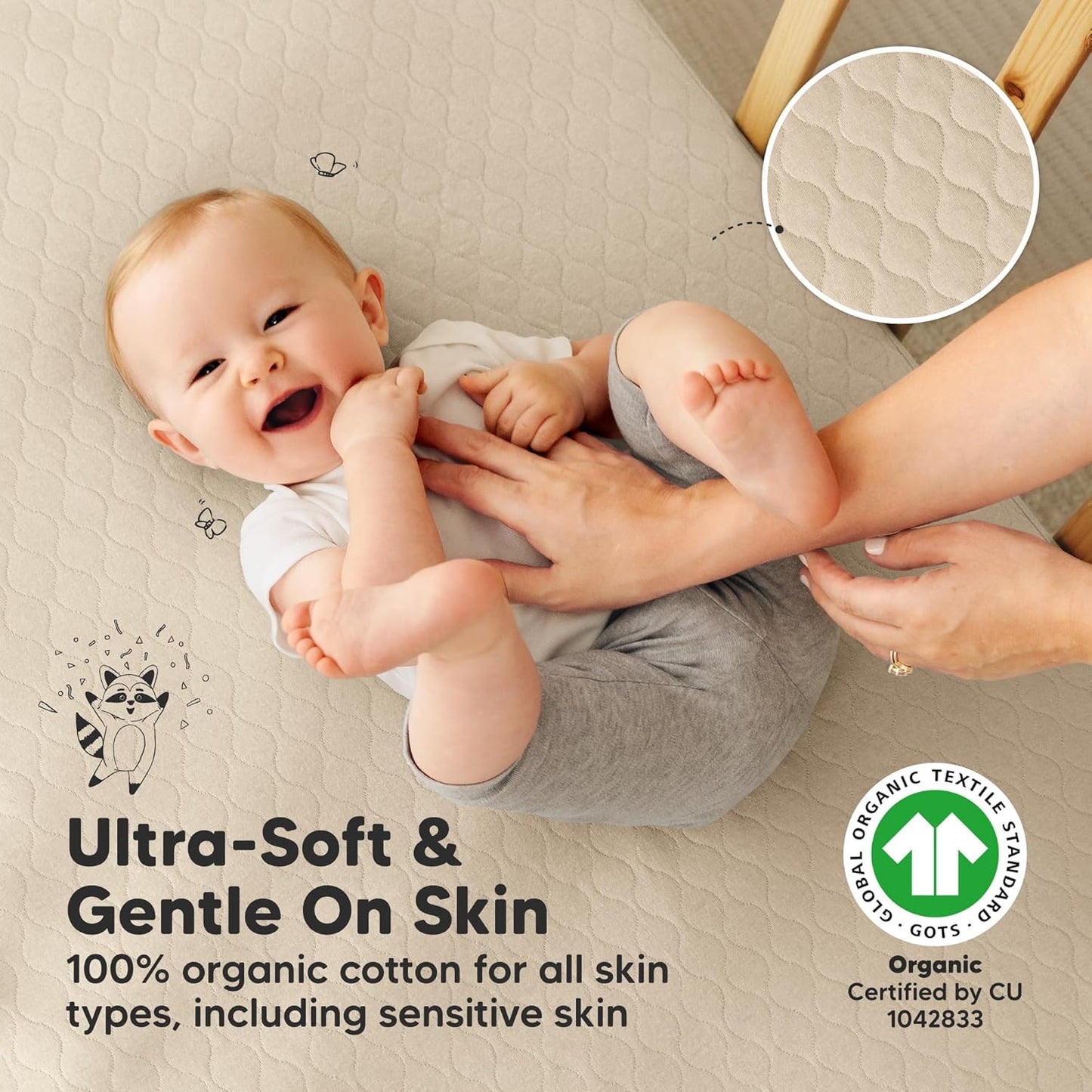 Waterproof Crib Mattress Protector Cover Fitted - 2-Pack Quiet Baby Crib Mattress Pad Sheets, 52" x 28" Soft Quilted Cotton Baby Sheet, Machine Washable, Easy Fit, Durable (Oat/Mavy)