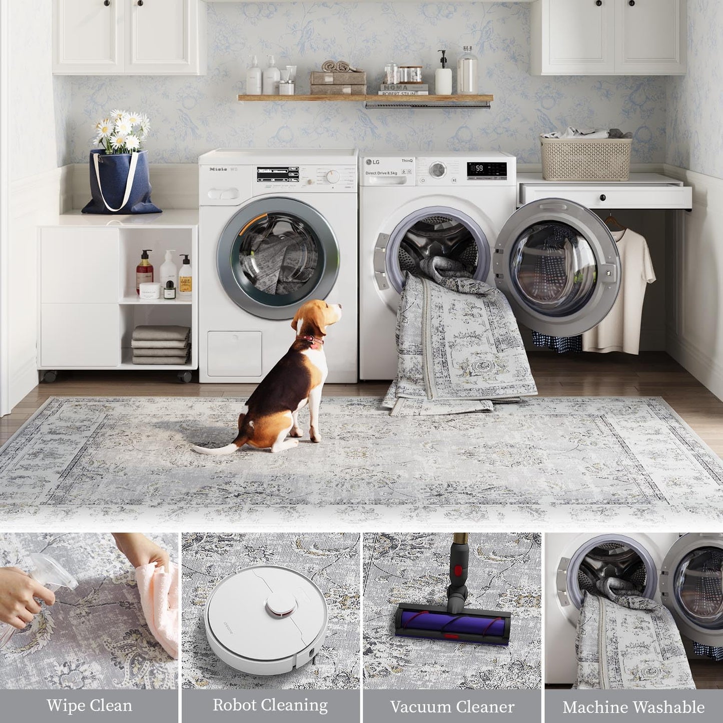 jinchan Runner Rug 2x5 Machine Washable Hallway Rug Grey Vintage Floral Print Non-Slip Low Pile Ultra-Thin for Kitchen,Entryway,Laundry Room,Bedroom,Farmhouse (2‘x5’,Grey)