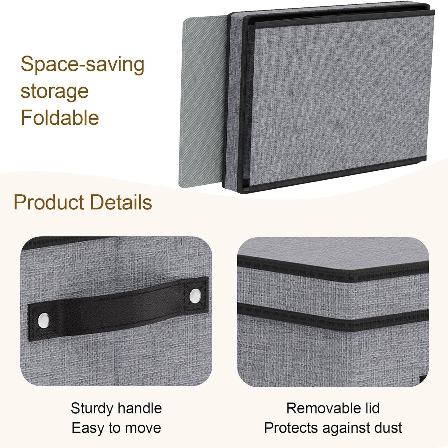 Fabric Storage Boxes, 7.1 x 9.1 x 13 Inch Baskets for Shelves with Lids, Wardrobe Organiser with Handles, Decorative Linen Closet Organizer Bins, Gray, 3 Pack