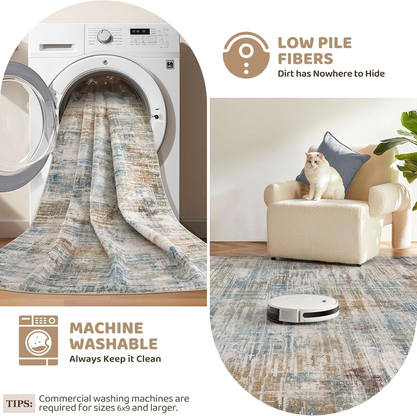 Area Rug for Living Room: 10x14 Washable Neutral Abstract Modern Soft Rugs Non Slip Indoor Floor Stain Resistant Large Carpet for Bedroom Dining Room Office Nursery - Blue Brown