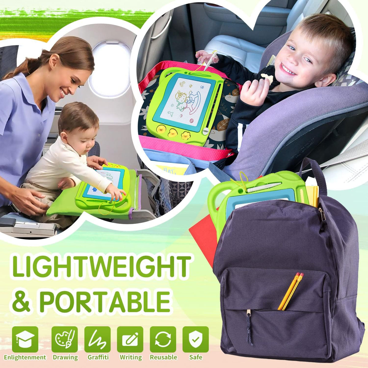 AiTuiTui Magnetic Drawing Board Mini Travel Doodle, Erasable Writing Sketch Colorful Pad Area Educational Learning Toy for Kid/Toddlers/Babies with 3 Stamps and 1 Pen (Green)