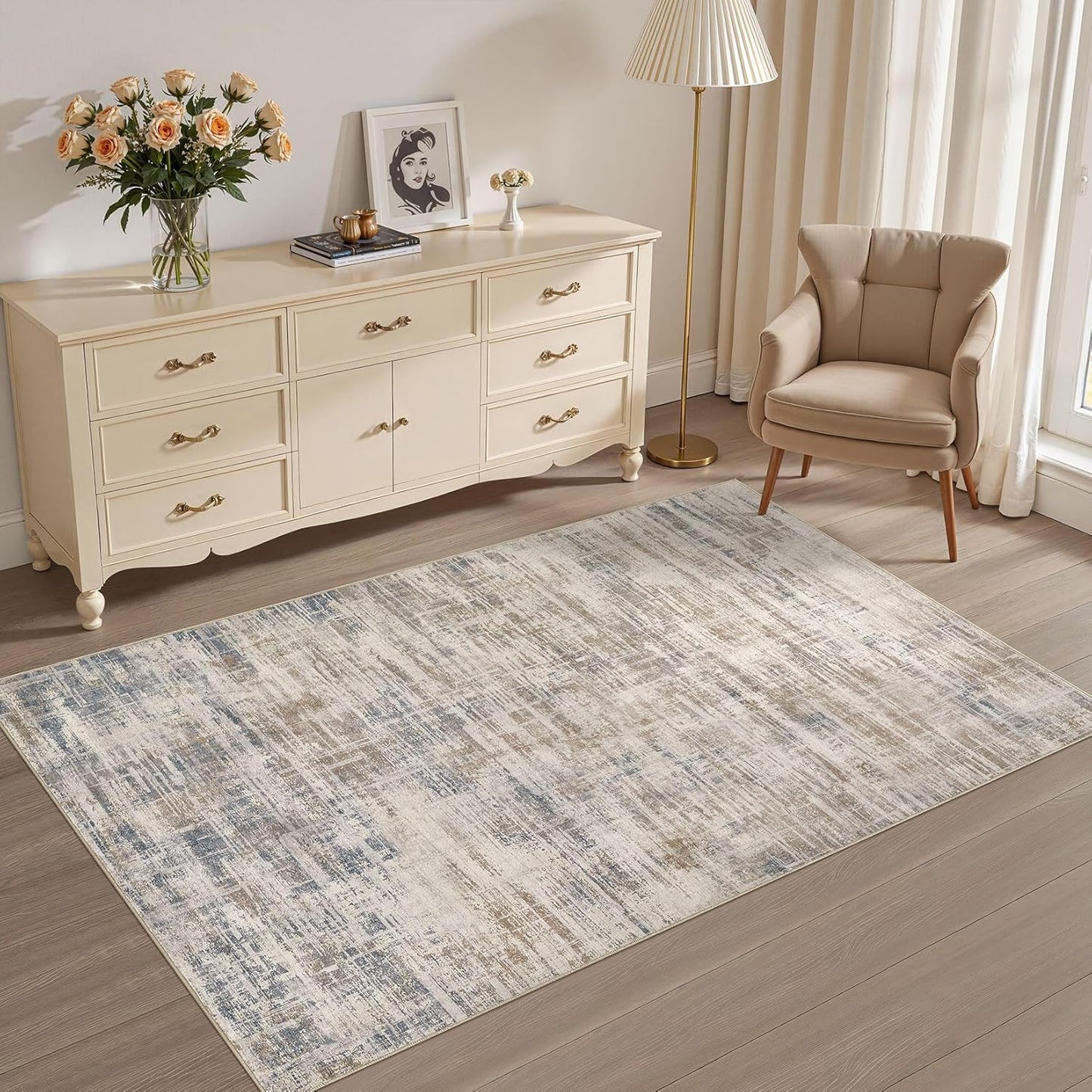 Area Rug for Living Room: 3x5 Washable Neutral Abstract Modern Soft Rugs Non Slip Indoor Floor Stain Resistant Carpet for Bedroom Dining Room Office Nursery - Brown