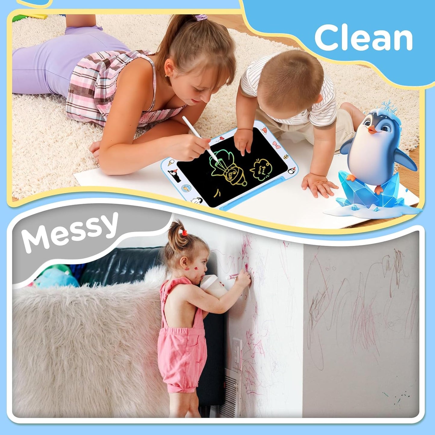 LCD Writing Tablet for Kids, Colorful Screen Drawing Board for 3-7 Year Old Boys & Girls - Educational Toys for Birthday & Christmas (Penguin)