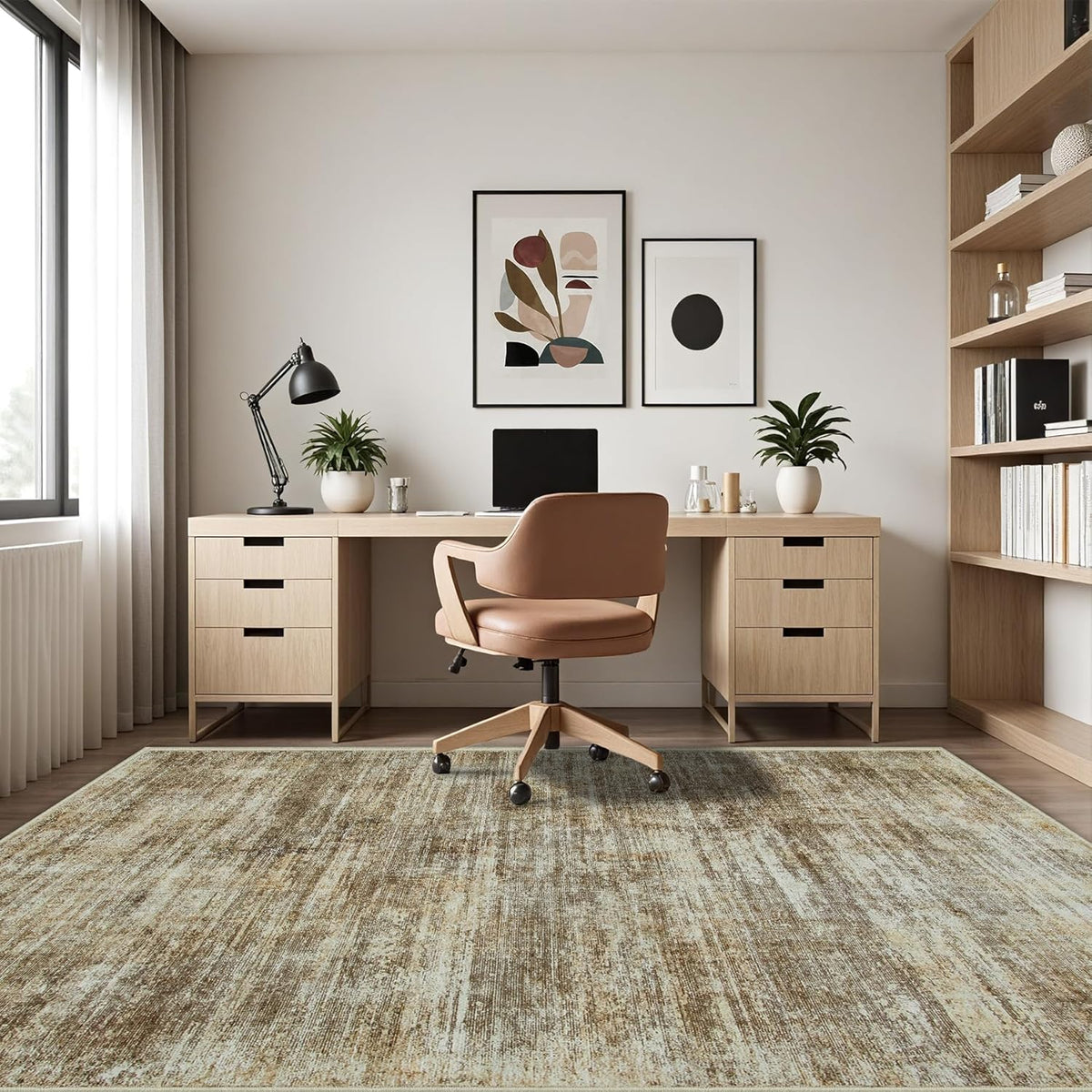 Washable Rug 6x9 Area Rugs, Abstract Large Living Room Rugs with Non-Slip Backing, Thin Carpet for Dorm Dining Room Table Nursery Indoor Home Office-Brown