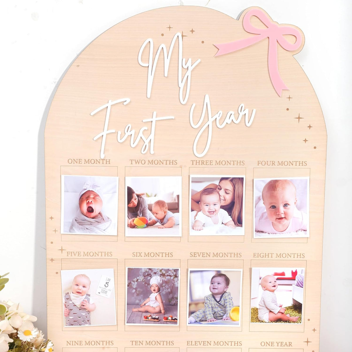 WAUAO Bow My First Year Birthday Board - One Year Of Photo Board,Monthly Milestone Wood Photo Board,First Birthday Decorations Girl,12 Months Photo Banner