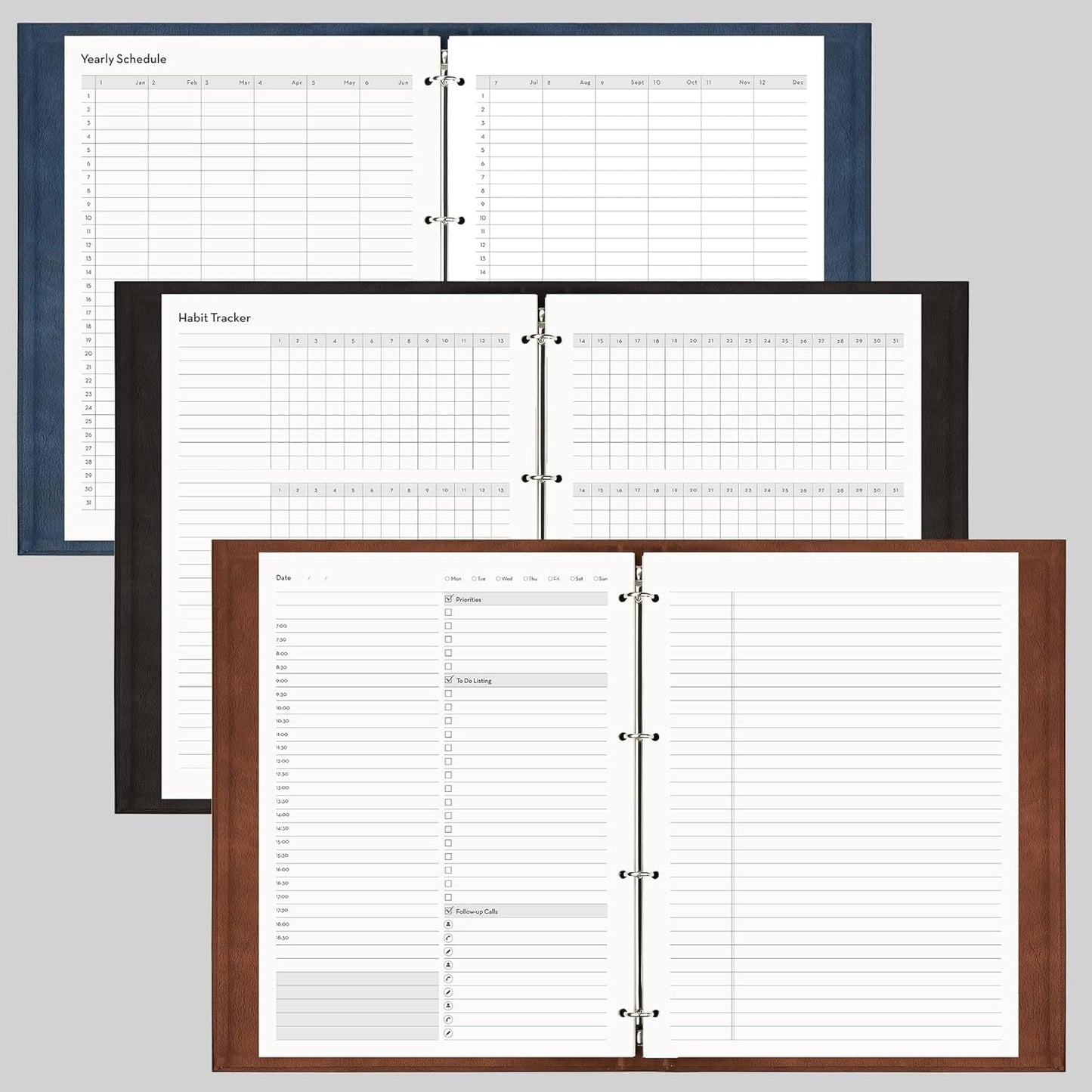 EMSHOI Undated Daily Planner 8.5" X 11", A4 to Do List Notepad, 240 Pages Ring Binder Planner Hardcover Leather Notebook for Work Business Meeting, with Yearly Schedule, Habit Tracker, Blue