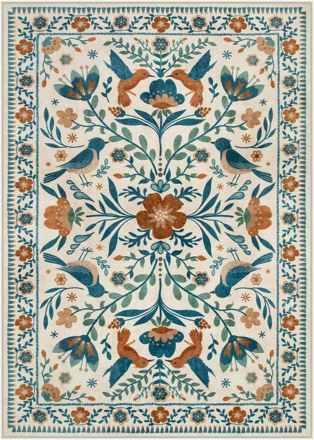 Moynesa Washable 3x5 Rug, Non Slip Kitchen Rugs Boho Bird Small Beige Living Room Area Carpet for Office Bedroom Bathroom, Indoor, Ultra Thin, Soft, Stain Resistant, Floral Entryway Mat