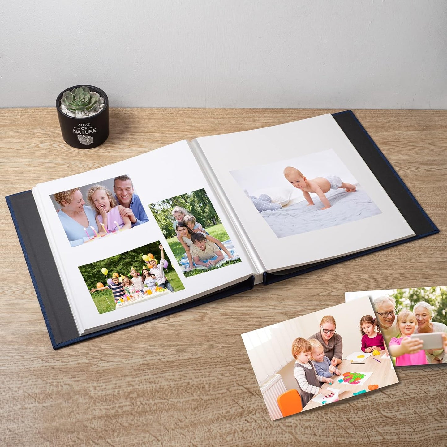 Large Photo Album Self Adhesive Scrapbook Album for 4×6 8×10 Pictures DIY Magnetic Linen Cover Album 60 Pages for Family Wedding Gifts with Metal Pen and Plastic Board