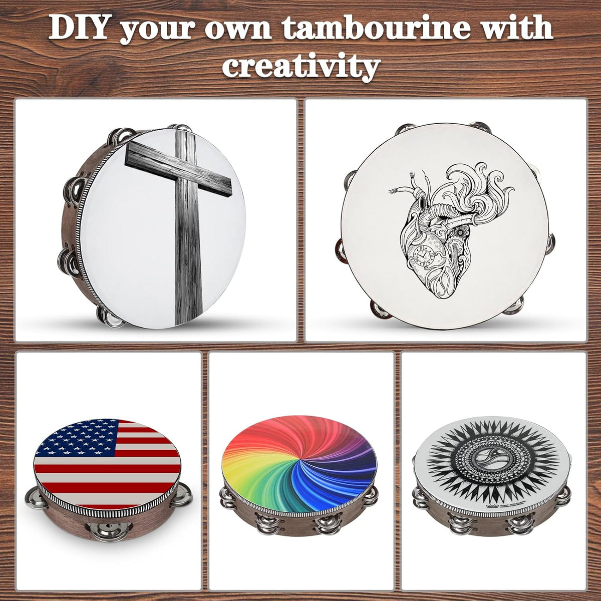 Wooden Hand Held Percussion Tambourine with Storage Bag - 6+8+10 Inches, Ideal for Church, Wedding, Party, Dance, Photo Shoot