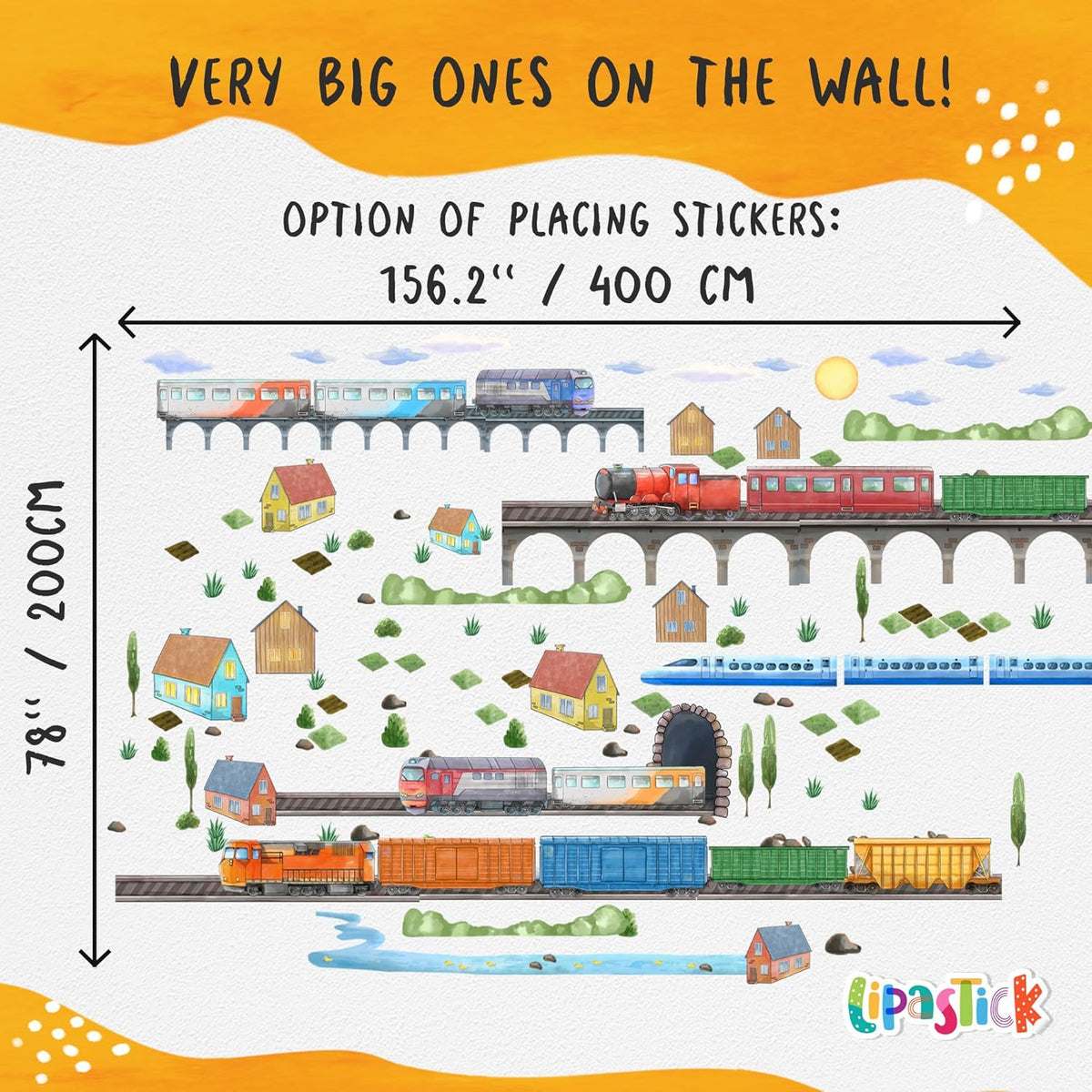 Train Wall Decals for Kids by Lipastick - Educational Railroad Wall Stickers for Boys and Girls - Peel and Stick Locomotive, Carriage, Wagon Wall Decals for Nursery, Playroom, Bedroom Decor -XXL Size