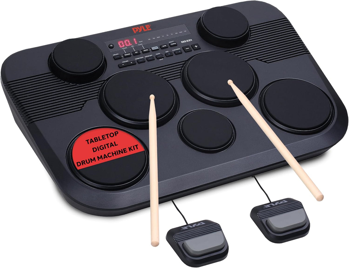 PylePro Pyle Electronic Tabletop Digital Set, Compact Portable Kit w/ 7 Touch Sensitive Pads and Pedals, 273 Sounds, USB & Headphone Outputs, MIDI/AUX Inputs, 4x5” Drums & 3x3.5” Cymbals (PTED03)