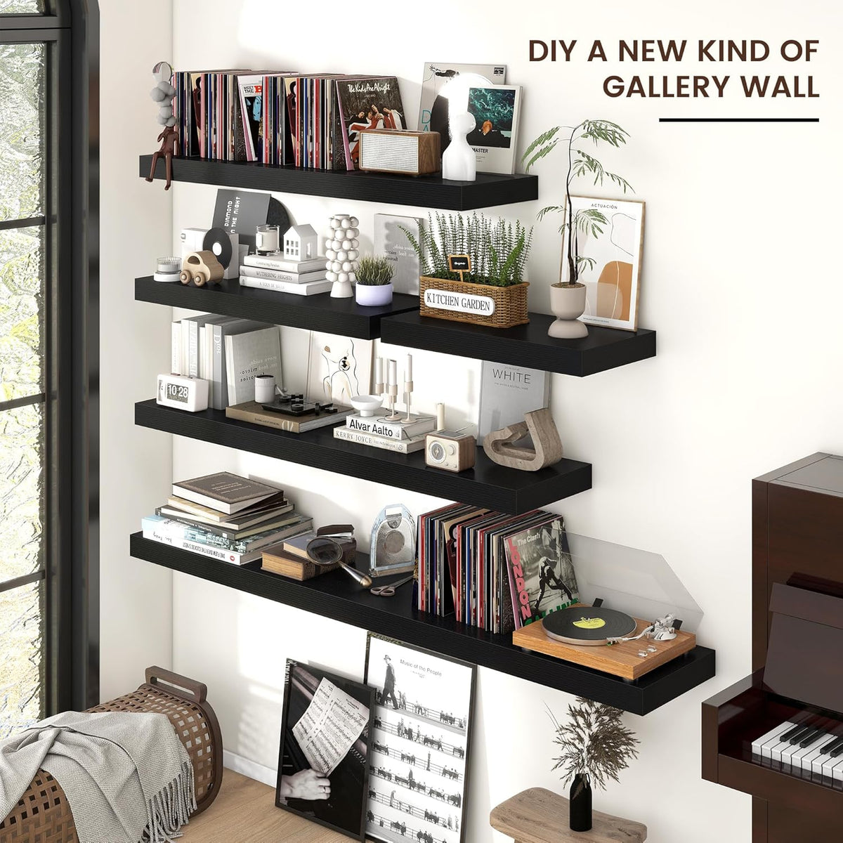 Floating Shelves - 2 Large Wall Mounted Shelves with Invisible Brackets, Long Wood Floating Wall Shelf for Living Room, Bedroom, Kitchen (Black, 48" W x 9" D x 1.5" H)