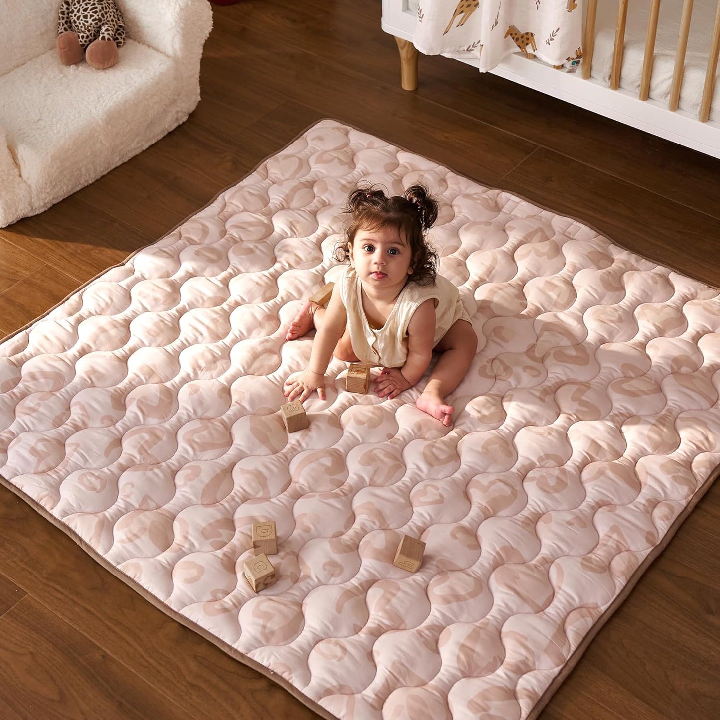 Momcozy Baby Play Mat for Floor, 50x50 Thickened Playpen Mat, Playmate for Baby Tummy Time, Waterproof & Non-Slip, Foldable Outdoor Mats with Carrying Handle, Leopard Heart
