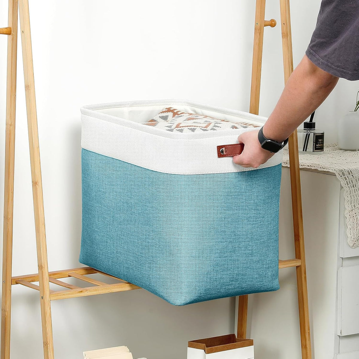 DULLEMELO Extra Large Storage Baskets, Fabric Storage Bins for Organizing Shelves Nursery Toys Books, Closet Baskets and Bins with Handles, White&Teal, 2-Pack