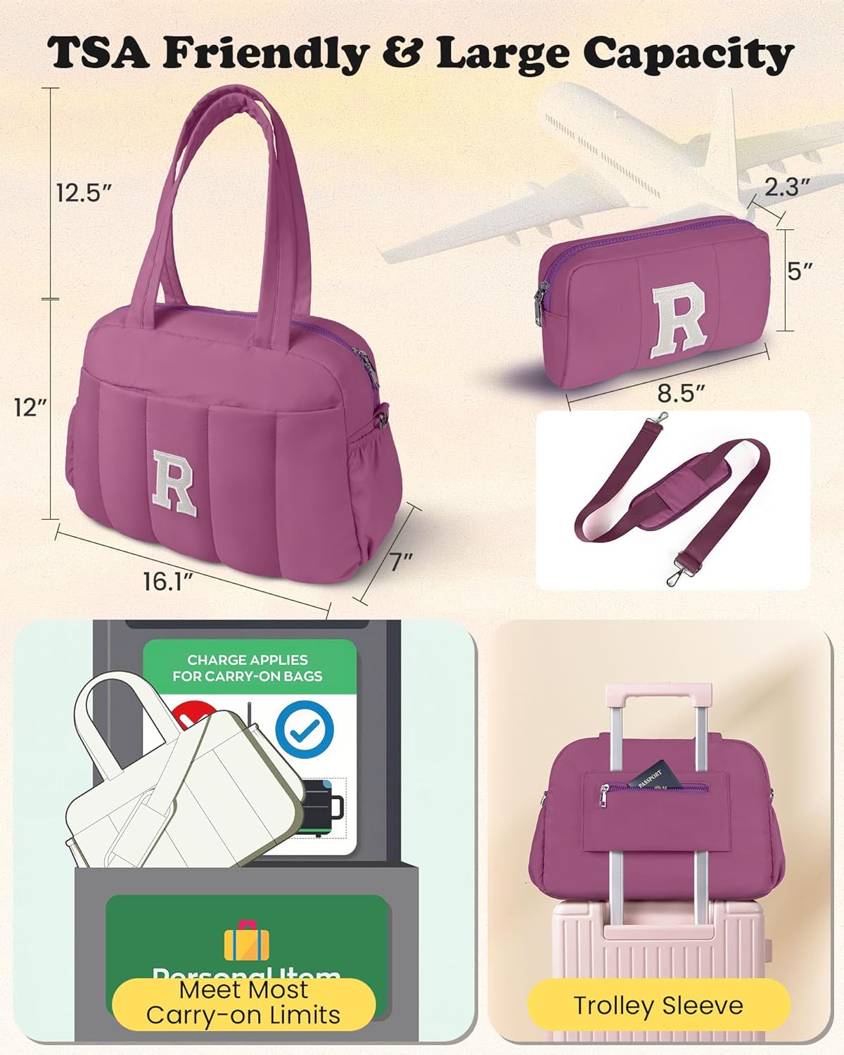 Duffle Bag with Initial, Spend The Night Bags for Women，Gifts for Women-Overnight Bag with Wet Pocket，Lightweight Travel Bags Personalized Gym Tote with Makeup Pouch