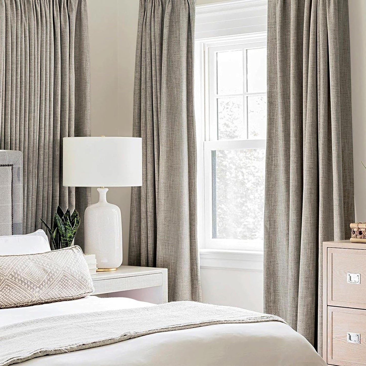 MIULEE Linen Texture Curtains for Bedroom Solid 100% Blackout Thermal Insulated Linen Curtains Grommet Room Darkening Drapes for Living Room Nursery 52x54 Inch (2 Panels)