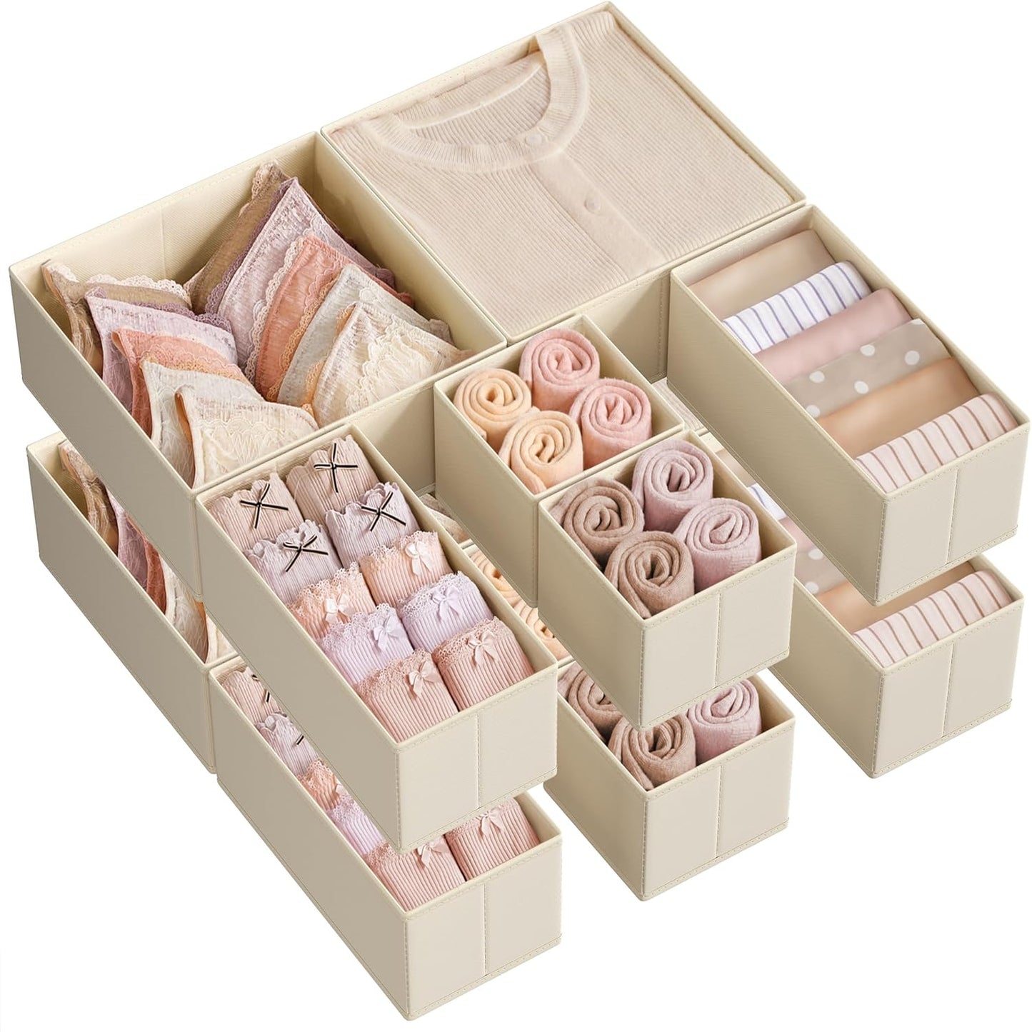 SONGMICS Drawer Organizers, Dresser Divider Organizers, Set of 12, Foldable Fabric Storage Boxes for Socks, Underwear, Bras, Ties, Scarves, Summer Sand URDZ006Y02