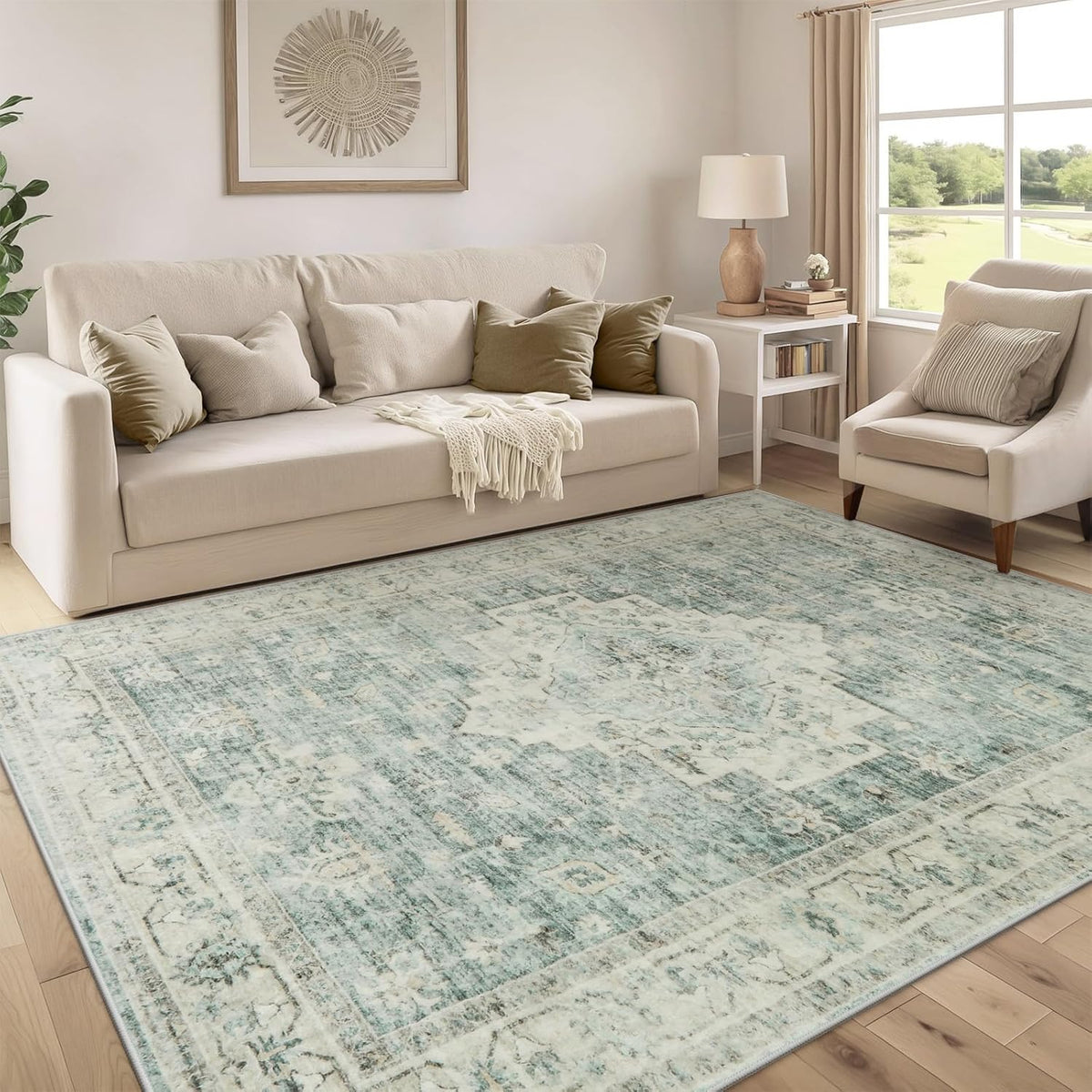 LIVEBOX Washable Area Rug 5x7 Rugs for Living Room Bedroom, Non-Slip Boho Indoor Carpet for Dining Room Office, Low-Pile Farmhouse Soft Carpets for Kids Nursery Playroom, Sage Green