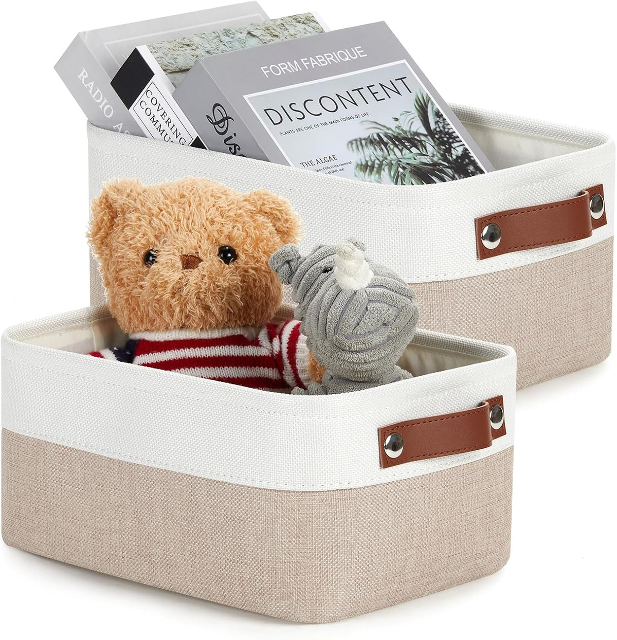 DULLEMELO Collapsible Fabric Storage Bins - Set of 2, 11.8x7.9x5.1 Inch, White & Khaki