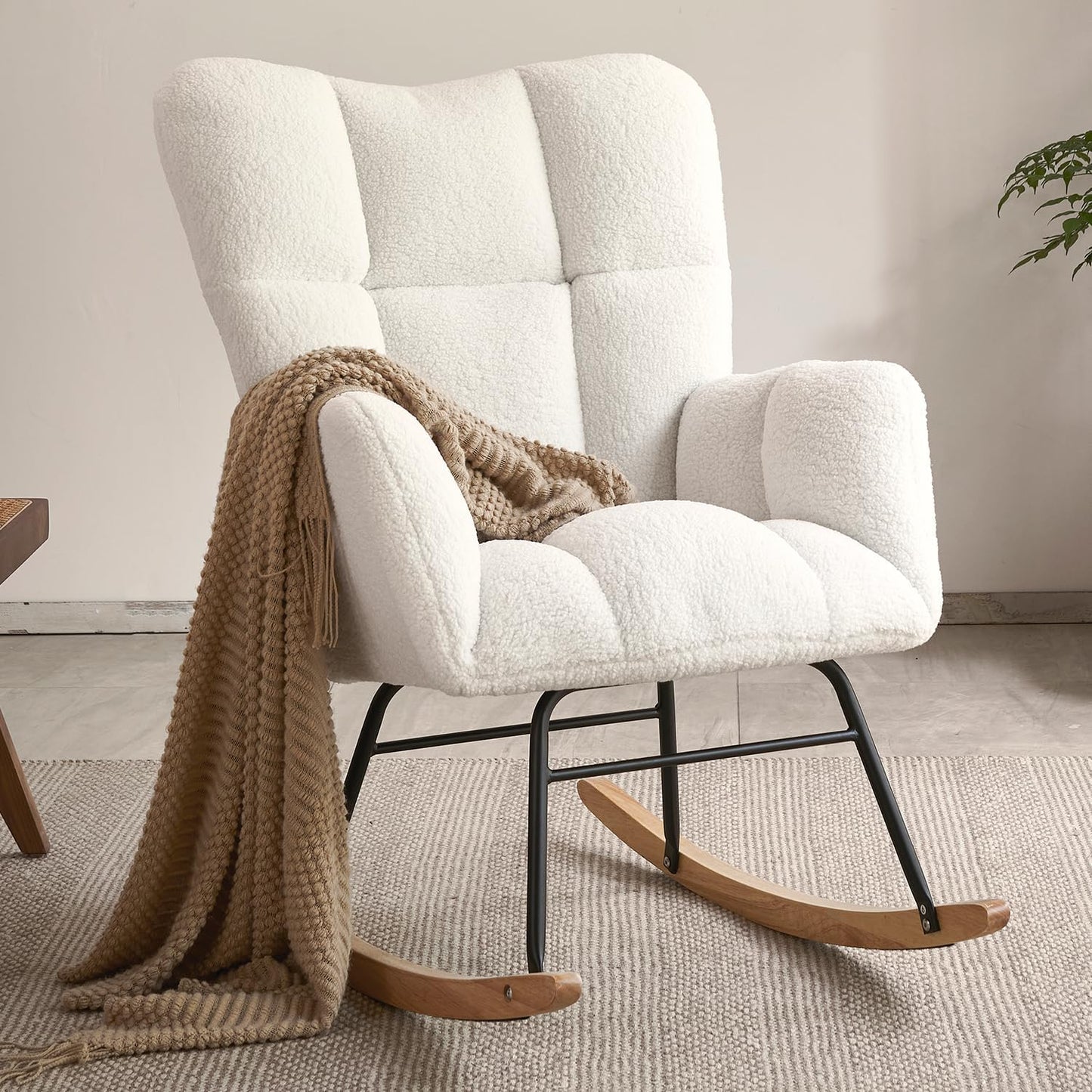 Nursery Rocking Chairs, High Back Teddy Glider Rocking Chair, Upholstered Rocker Recliner Modern Rocking Accent Chairs Comfy Armchairs for Nursery, Bedroom, Living Room (Ivory)