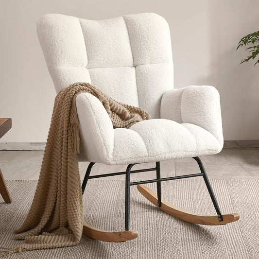 Nursery Rocking Chairs, High Back Teddy Glider Rocking Chair, Upholstered Rocker Recliner Modern Rocking Accent Chairs Comfy Armchairs for Nursery, Bedroom, Living Room (Ivory)