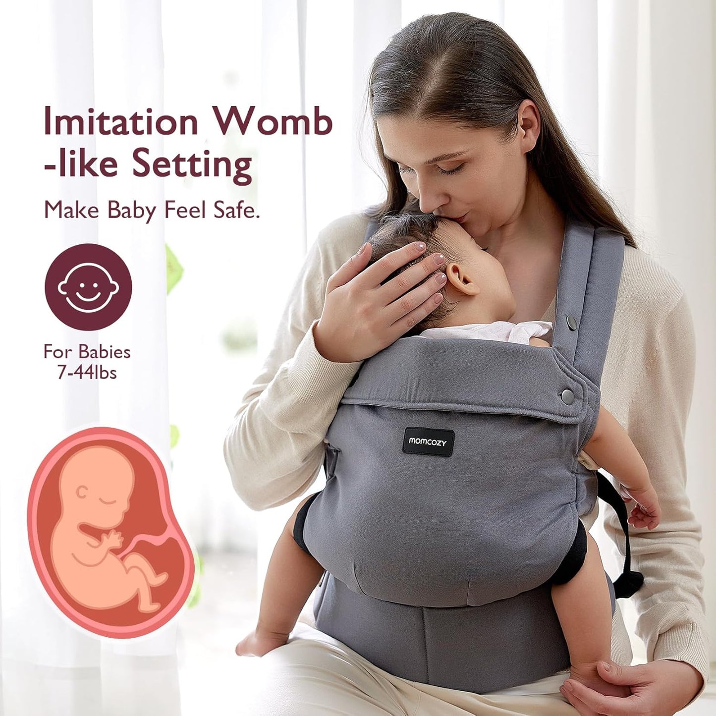 Momcozy Baby Carrier - Ergonomic, Cozy and Lightweight Carrier for 3-24 Months, Effortless to Put On, Ideal for Hands-Free Parenting, Enhanced Lumbar Support, Purehug for Infant to Toddler, Grey