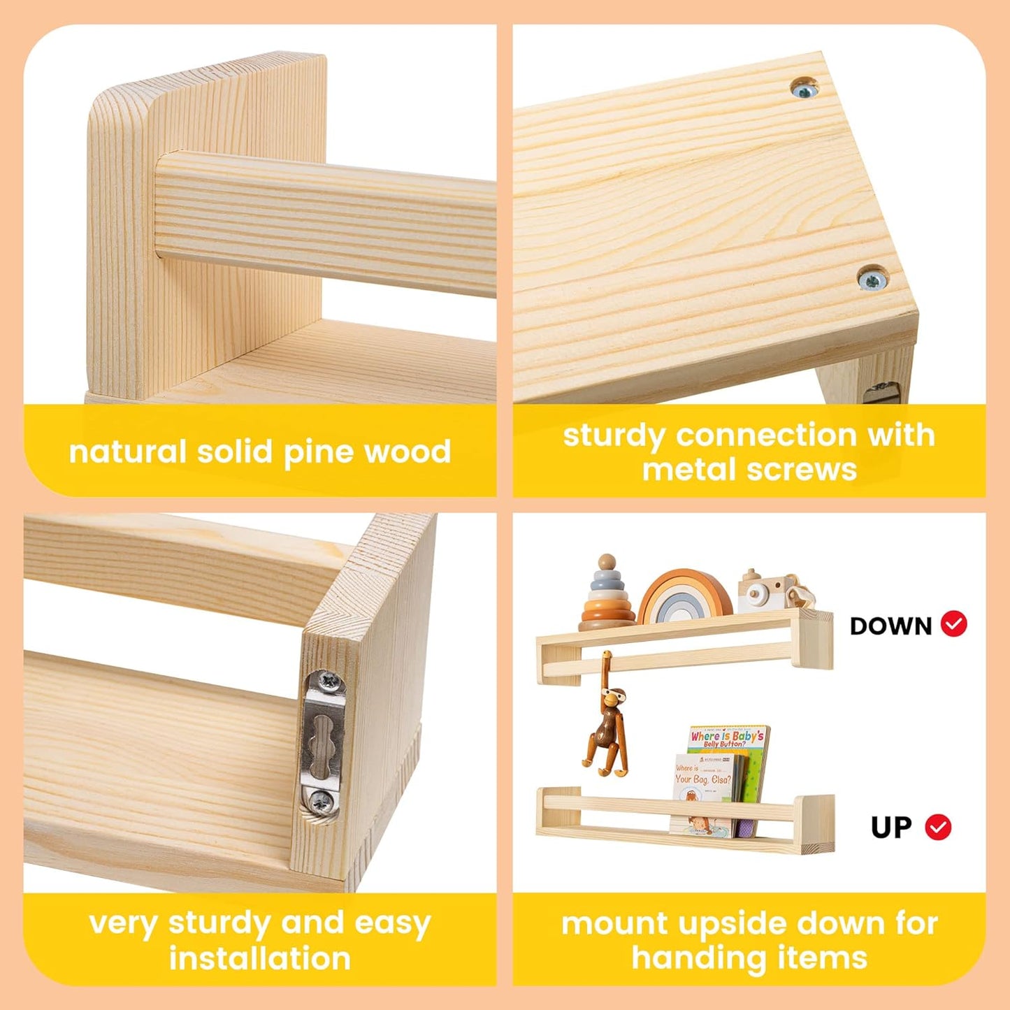 Fun Memories Nursery Book Shelves, 24Inch Floating Shelf for Wall, Wall Bookshelf for Kids Solid Wood Wall Mounted Shelves for Books,Toys and Decor Storage, Set of 2