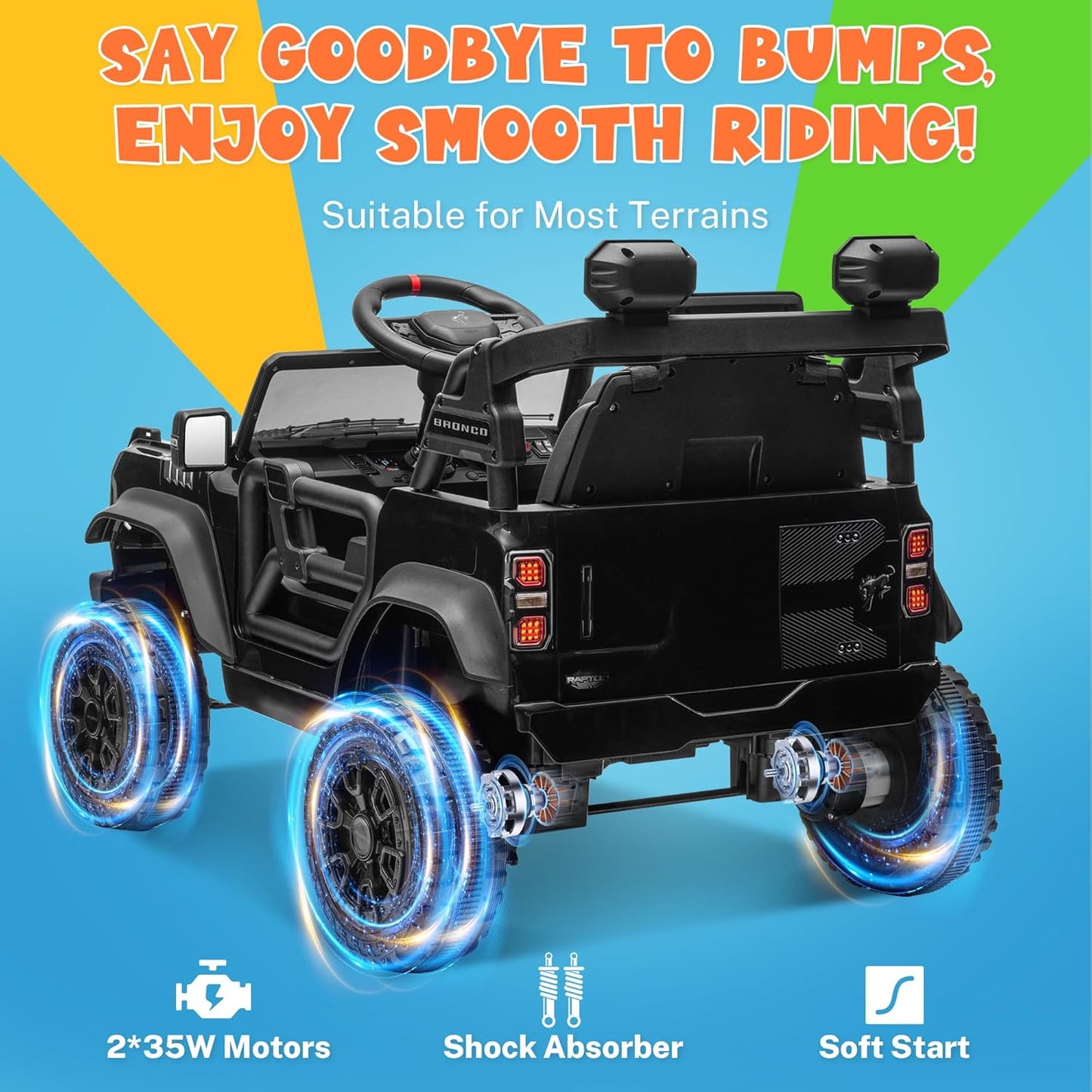 ENYOPRO 12V Licensed Ford Bronco Raptor Ride On Truck Car for Kids, Electric Play Car Ride-On Toy w/Parent Remote Control, 4-Wheel Suspension, Bluetooth Music, LED Lights, Ideal Kids Car Gift (Black)