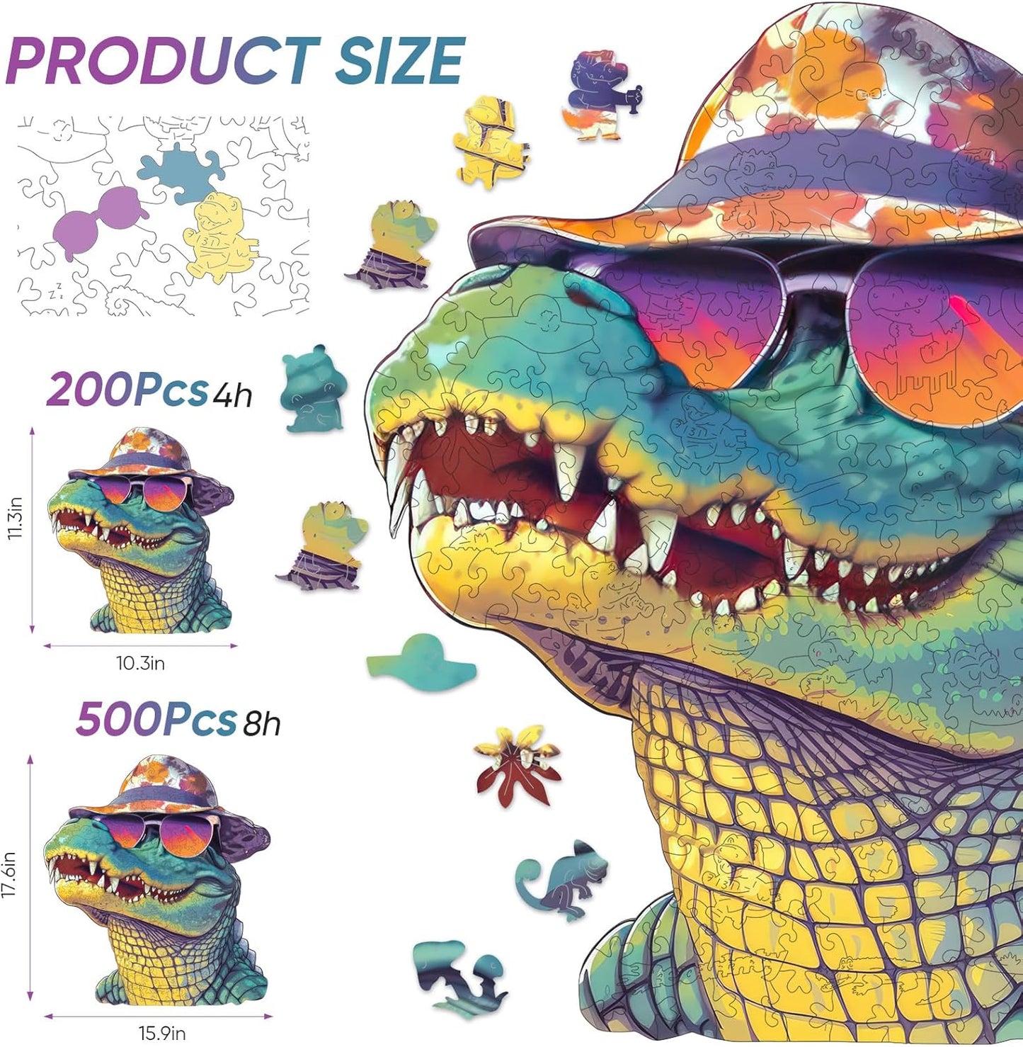 Cool Wooden Puzzle for Adults 500 Piece, Glasses Crocodile Wooden Jigsaw Puzzles, Beautiful Wooden Puzzle with Box Birthday Gifts for Adults and Kids Family Game(16 * 17.6in)