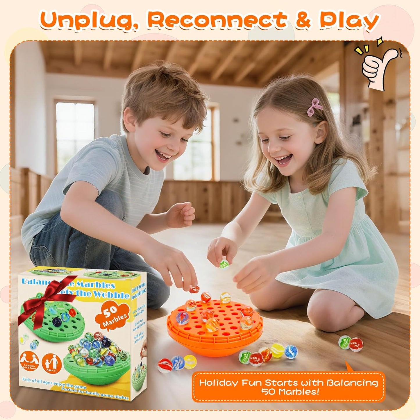 Marble Balance Game - 50 Colorful Marbles with Built-in Storage, Fun Family Challenge for 1-4 Players, Educational Toy for Kids & Adults, Perfect for Parties, Travel & Birthday Gifts (Sunset Orange)