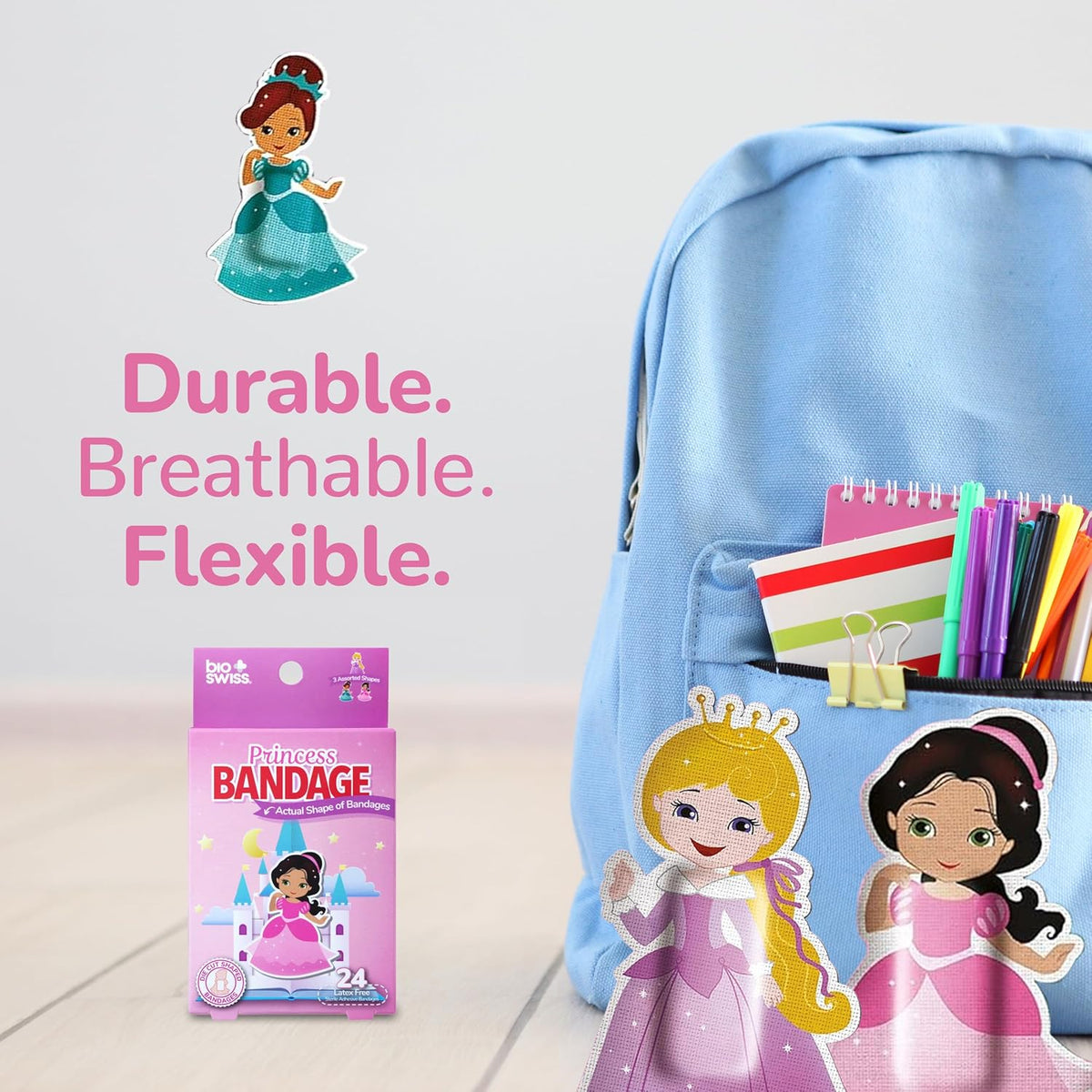 BioSwiss Bandages, Princess Shaped Self Adhesive Bandage, Latex Free Sterile Wound Care, Fun First Aid Kit Supplies for Kids, 24 Count